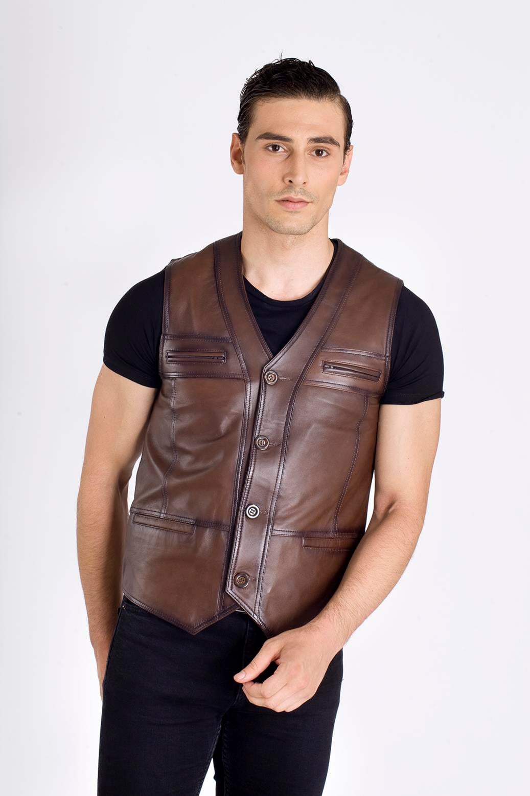 Slim Fit Deri Yelek