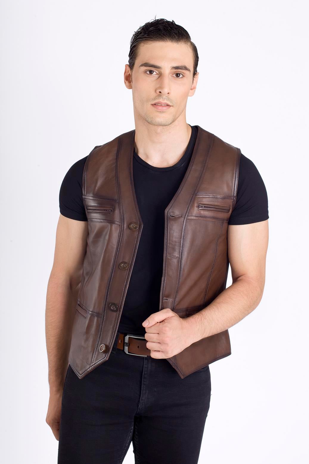Slim Fit Deri Yelek