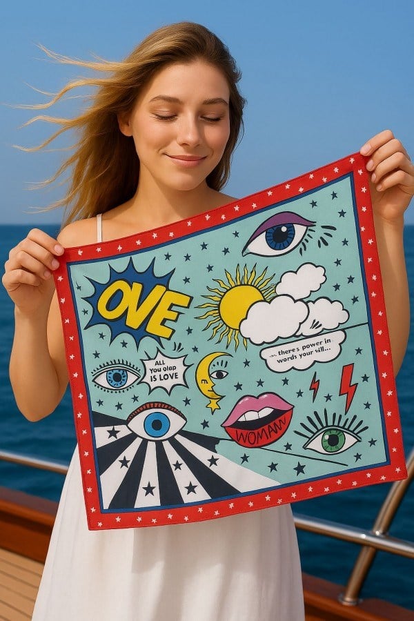 Göz Desenli Renkli Saten Bandana Fular 50x50 cm