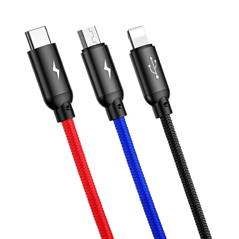 Baseus Three Primary 3in1 Lightning Type-C Micro Usb 3.5A 2m. Kablo-Siyah