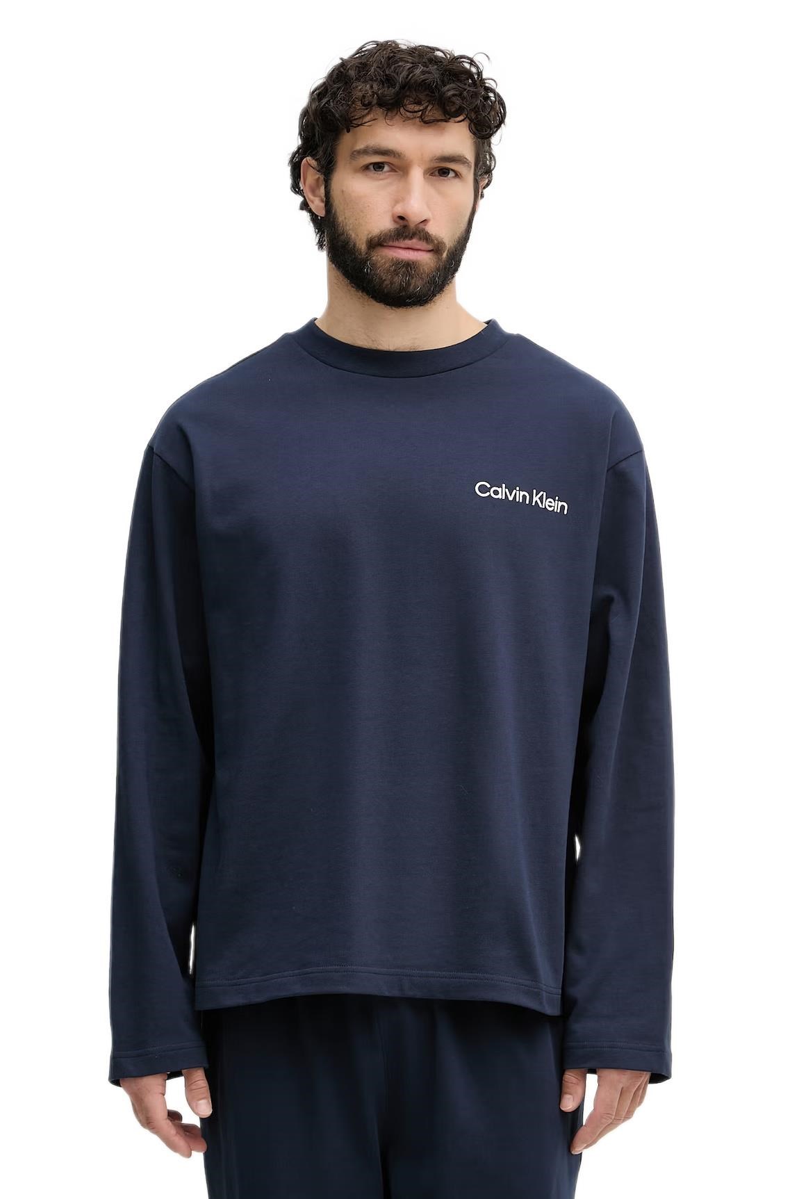 Calvin Klein Erkek Mavi Uzun Kollu Tişört Pantolon Pijama Takımı LV00NM2950