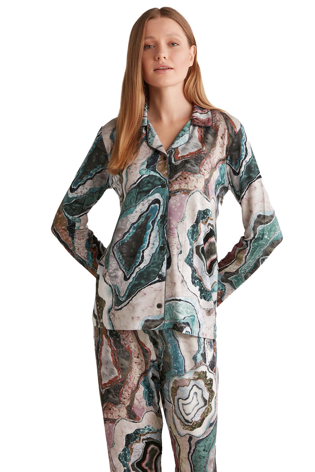 Penye Mood Kadın Yeşil Desenli Pijama Takımı 9501