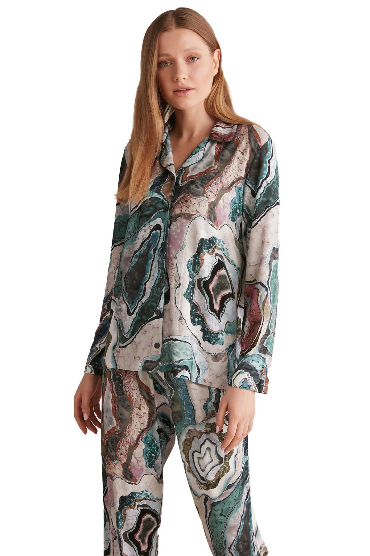 Penye Mood Kadın Yeşil Desenli Pijama Takımı 9501