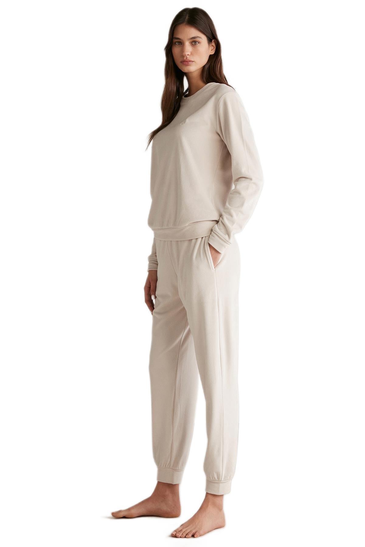 Penye Mood Kadın Yumuşak Dokulu Bej Pijama Takımı 9532
