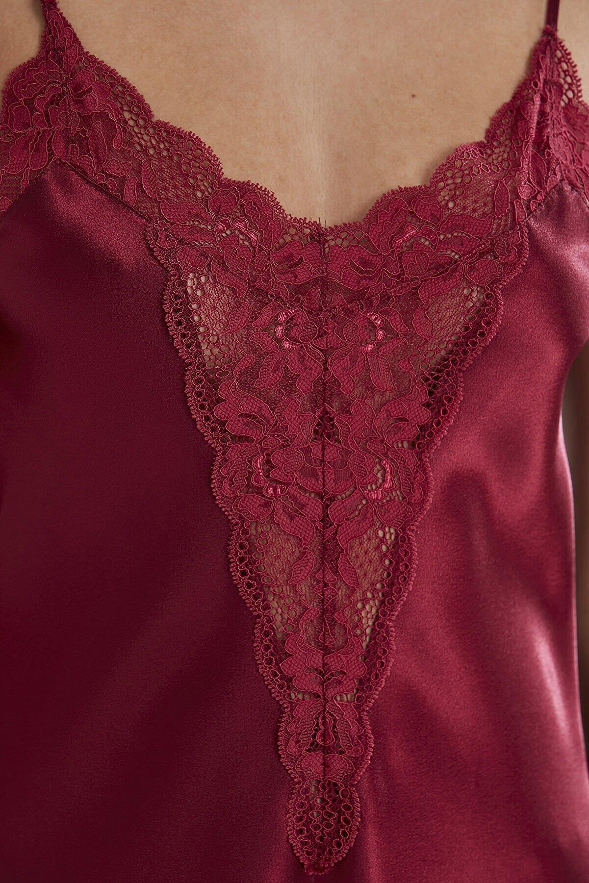 Pierre Cardin Kadın Bordo Saten Dantelli Pijama Şort Takım 430