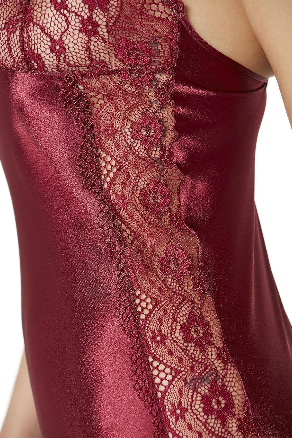 Pierre Cardin Kadın Bordo Saten Dantelli Gecelik Sabahlık Takımı 4438