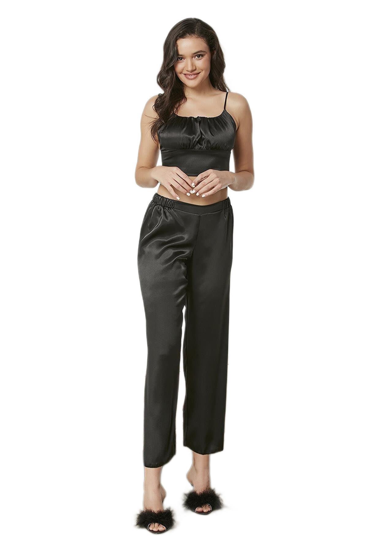 Pierre Cardin Kadın Siyah Saten 3'lü Pijama Takımı 2075