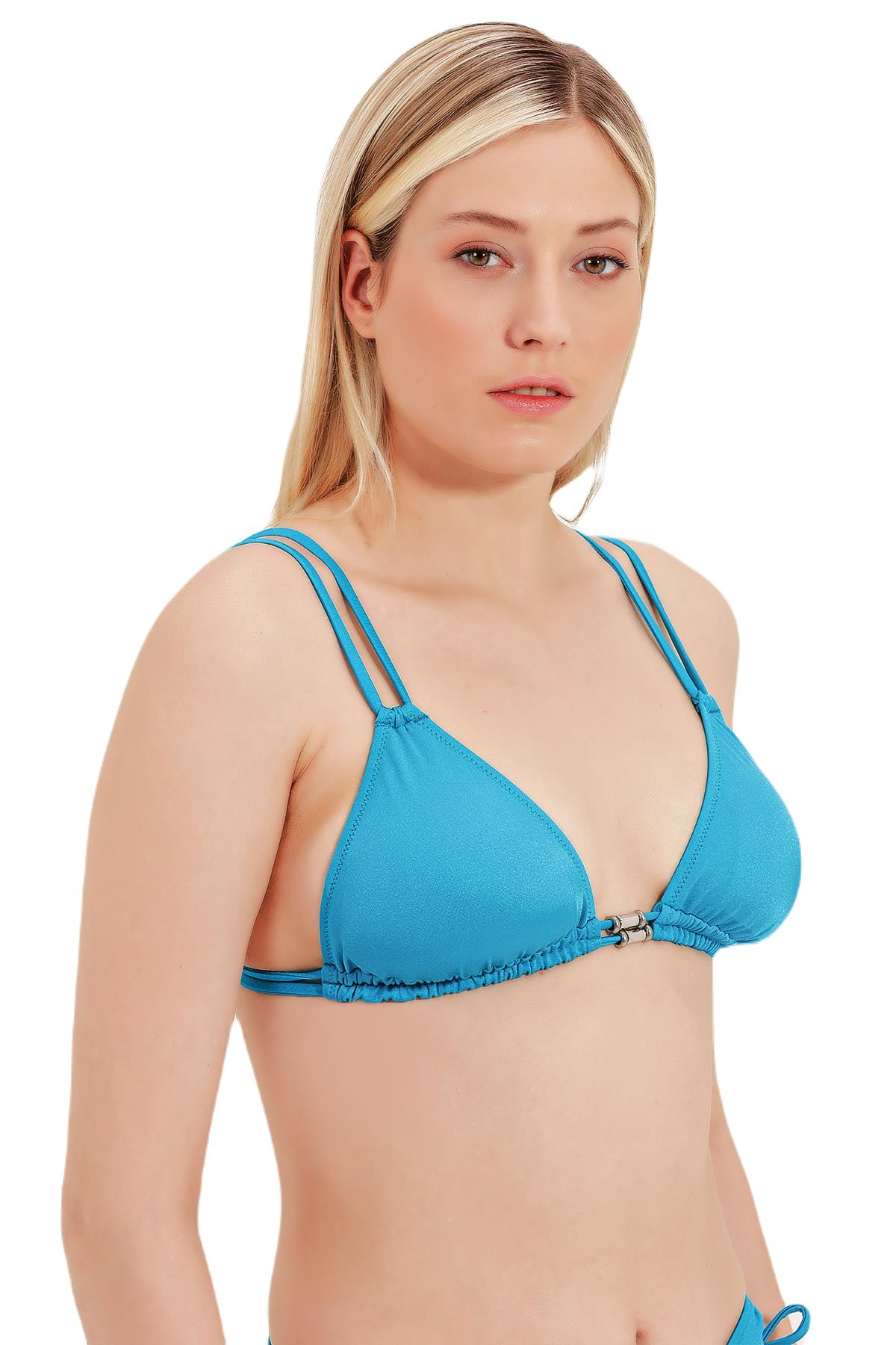 Zeki Aksesuar Detaylı Üçgen Turkuaz Bikini Üst 