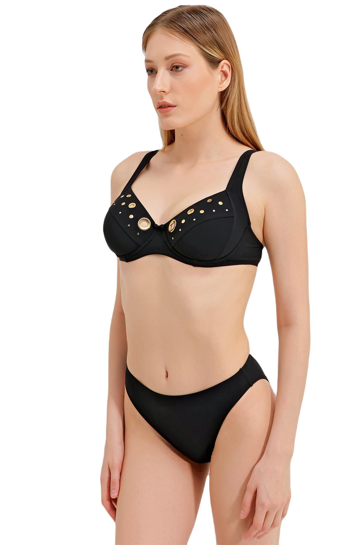 Zeki Altın Aksesuar Detaylı Siyah Bikini Takım