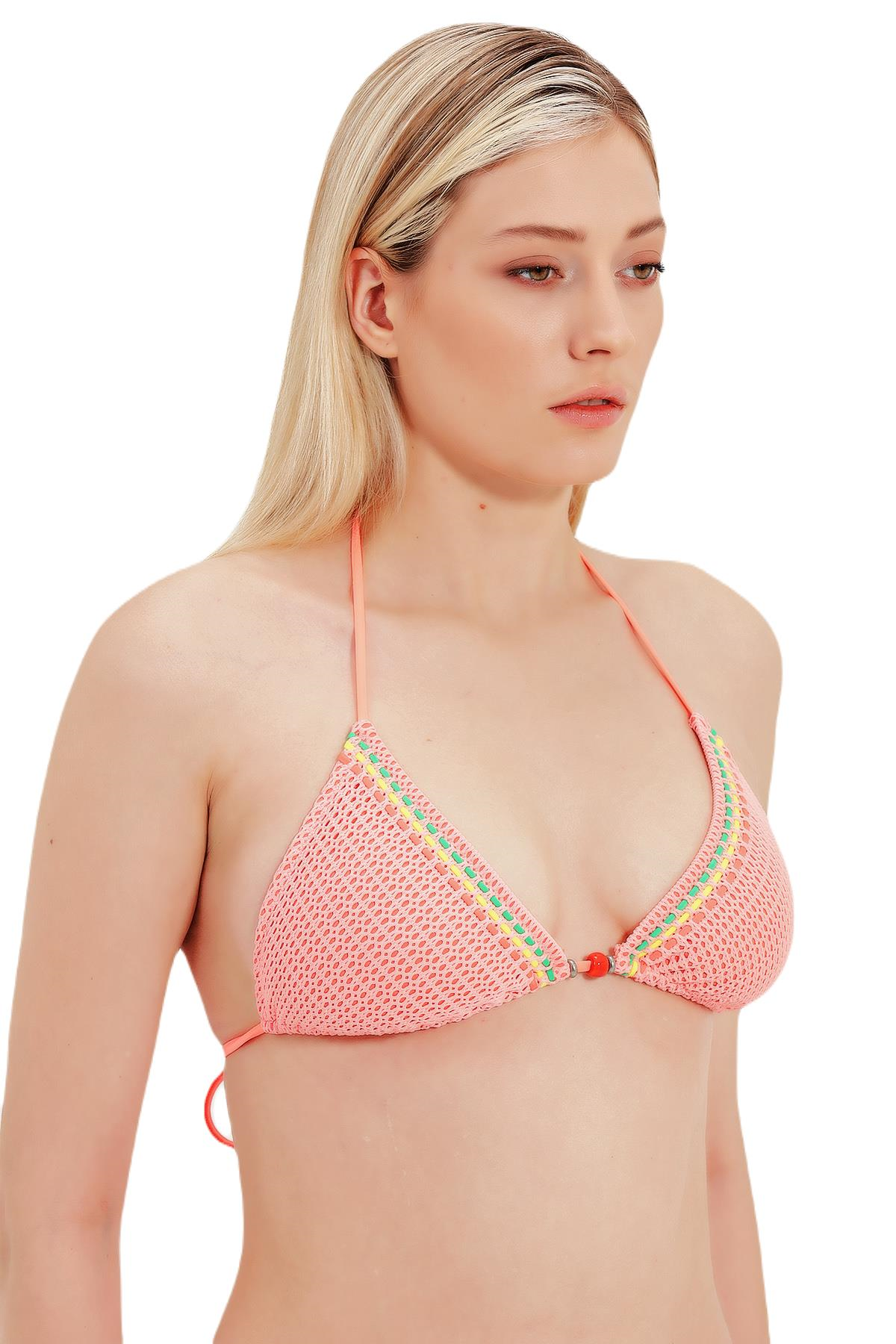 Zeki Cam Boncuk Detaylı Üçgen Koral Bikini Üst 