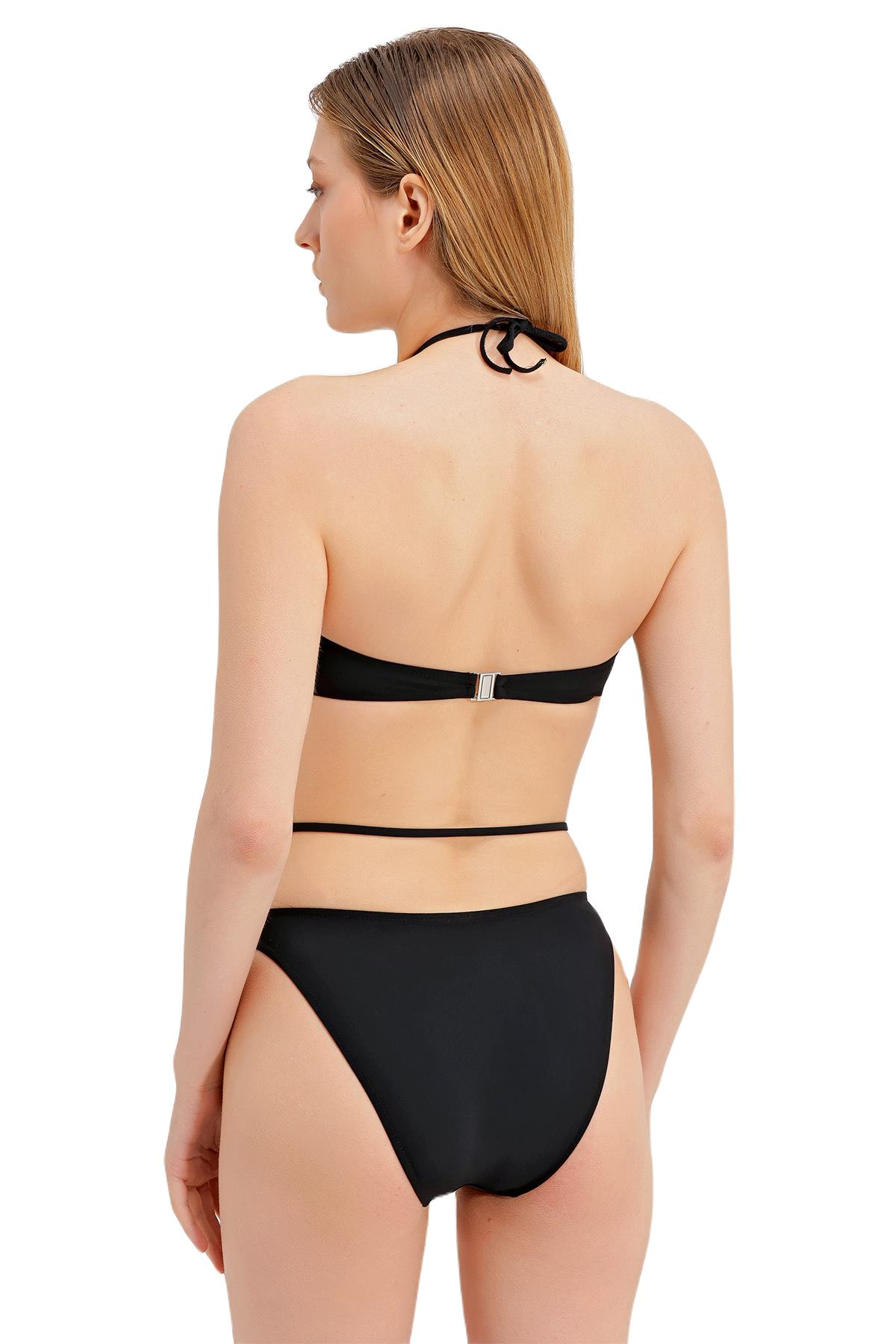 Zeki Gümüş Aksesuarlı Boyundan Bağlamalı Siyah Bikini Takım 