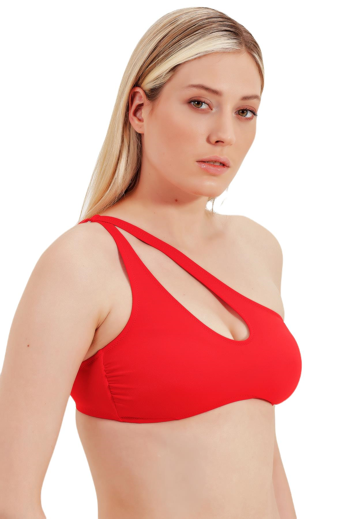 Zeki Tek Omuz Kırmızı Bikini Üst 