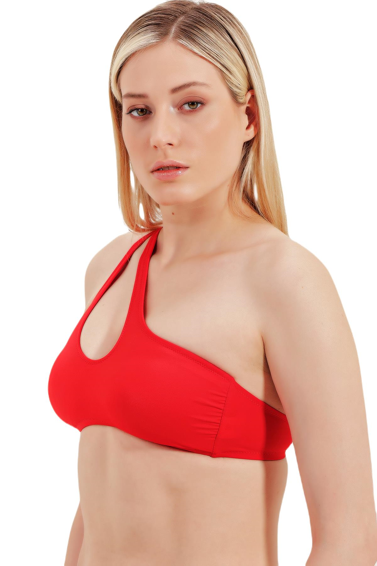 Zeki Tek Omuz Kırmızı Bikini Üst 