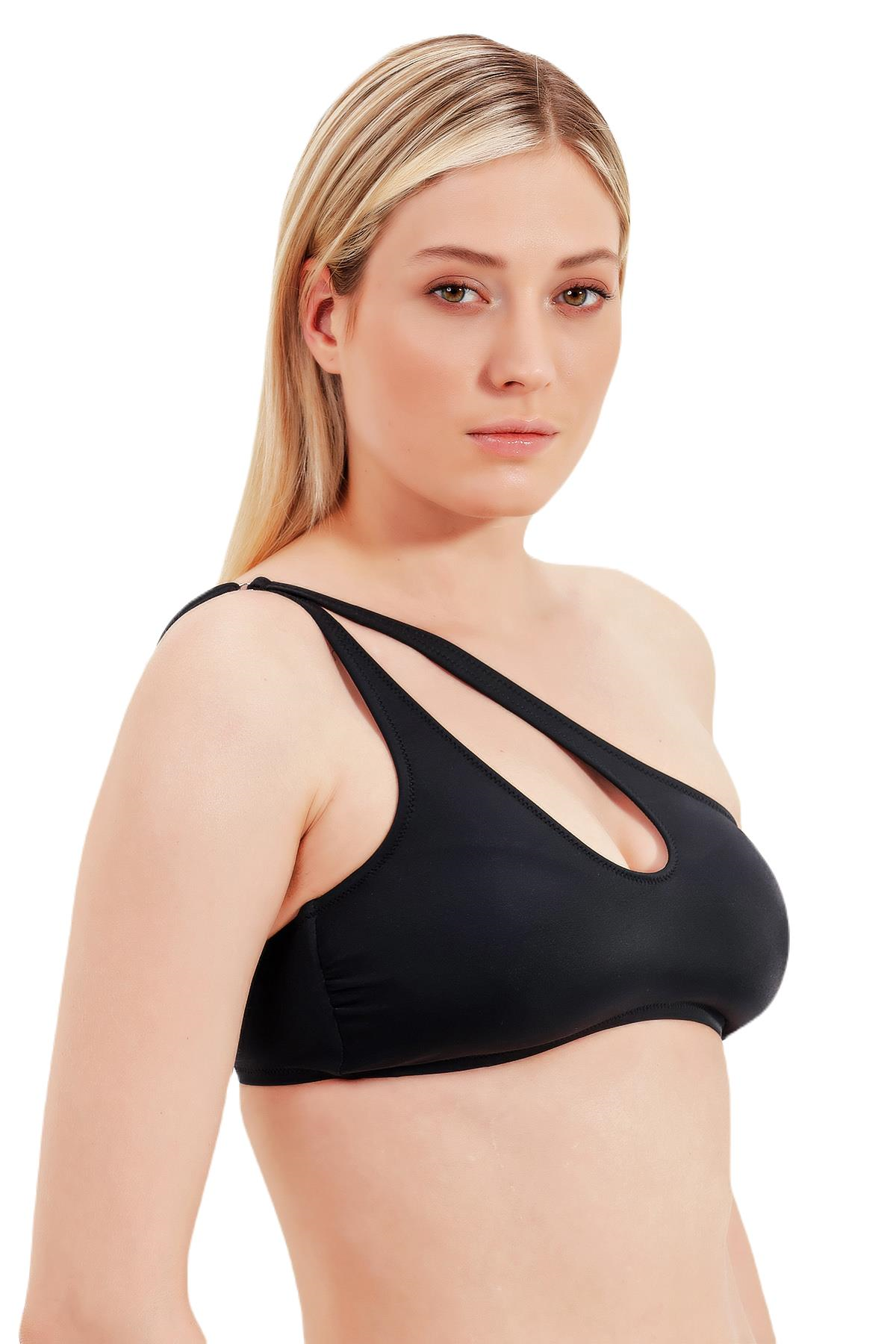 Zeki Tek Omuz Siyah Bikini Üst 