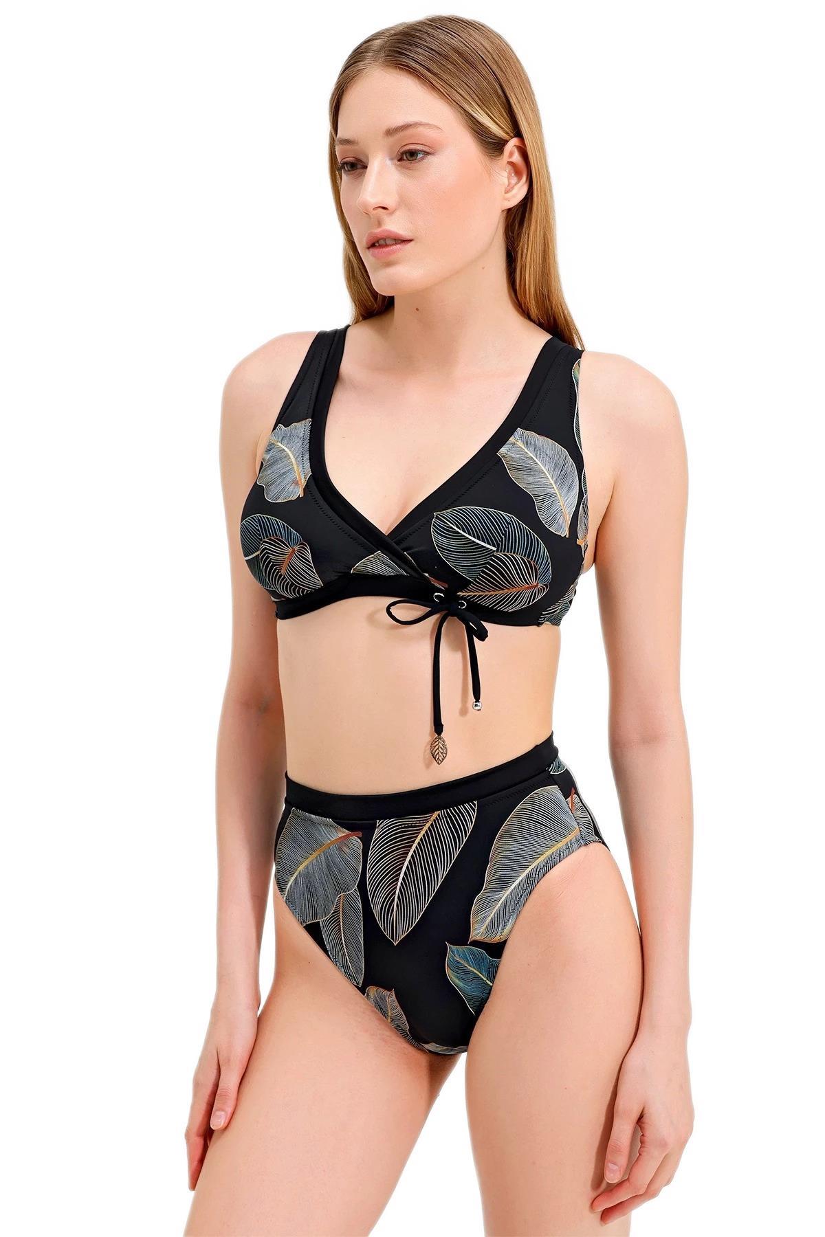 Zeki Yaprak Desenli Yüksek Bel Bikini Takım