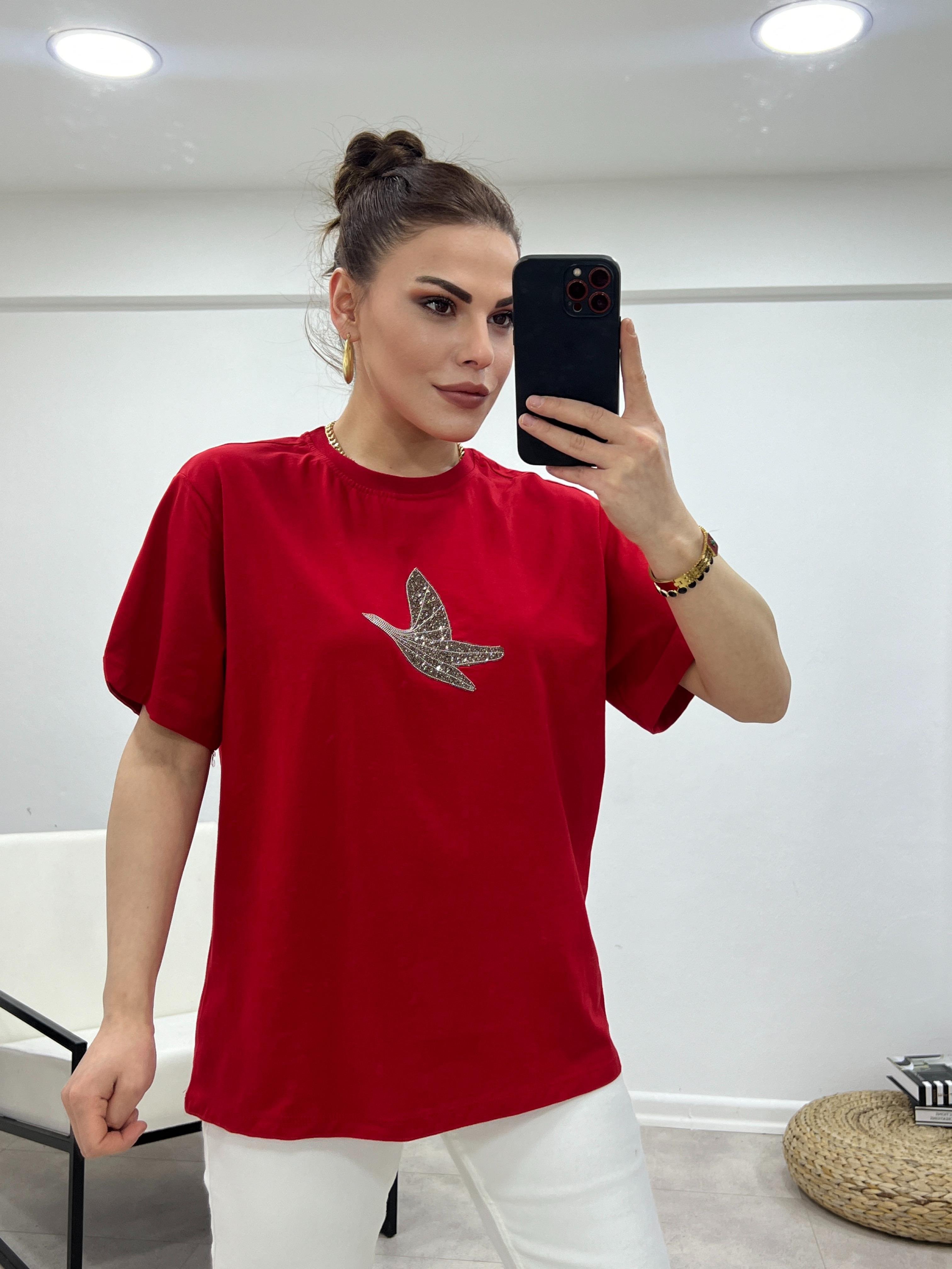  ORJINAL MARKA  KUŞ DETAYLI TSHİRT KIRMIZI