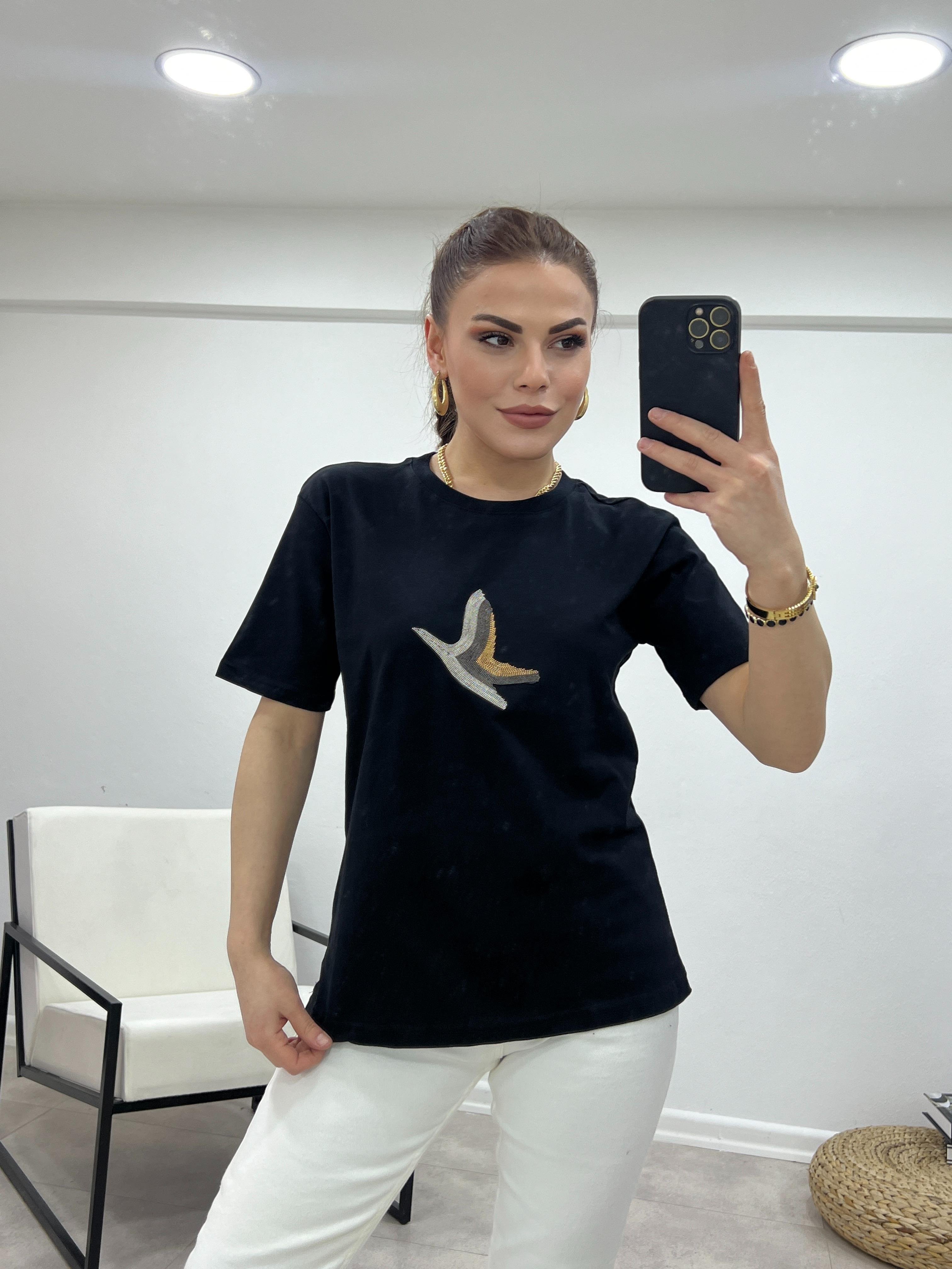  ORJINAL MARKA  KUŞ DETAYLI TSHİRT SİYAH