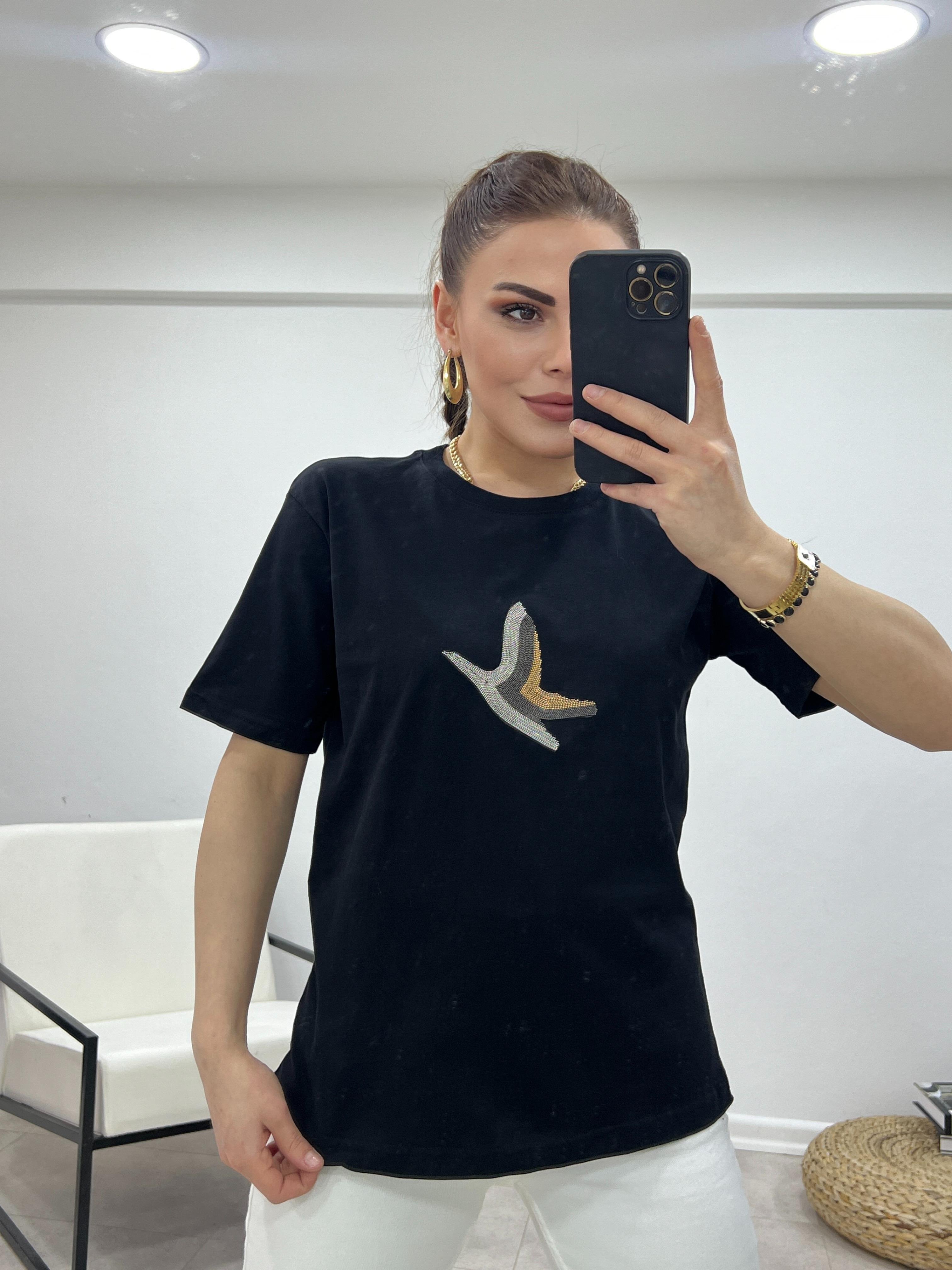  ORJINAL MARKA  KUŞ DETAYLI TSHİRT SİYAH