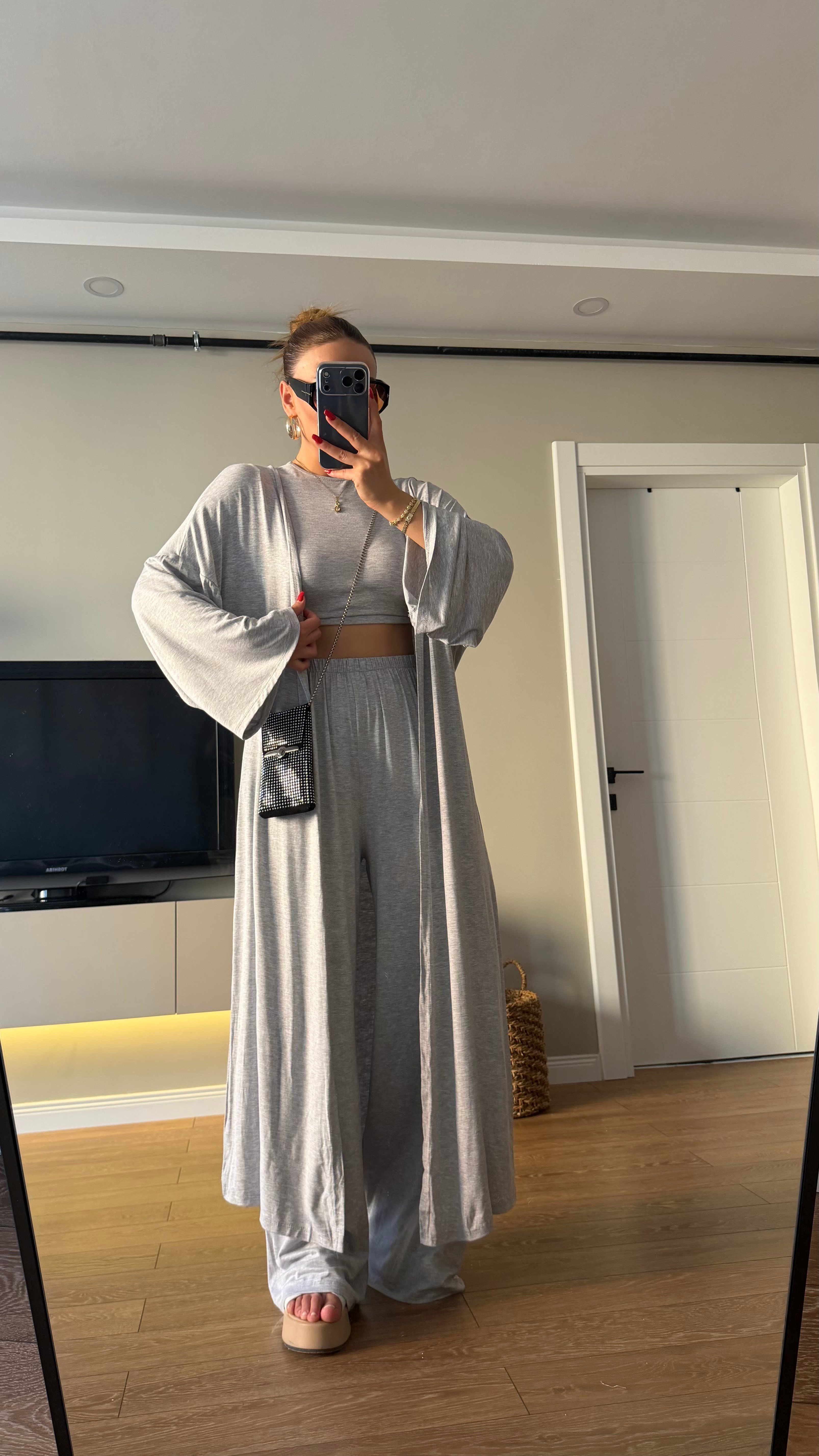 3 lü Hırkalı Pamuk Takım Gri