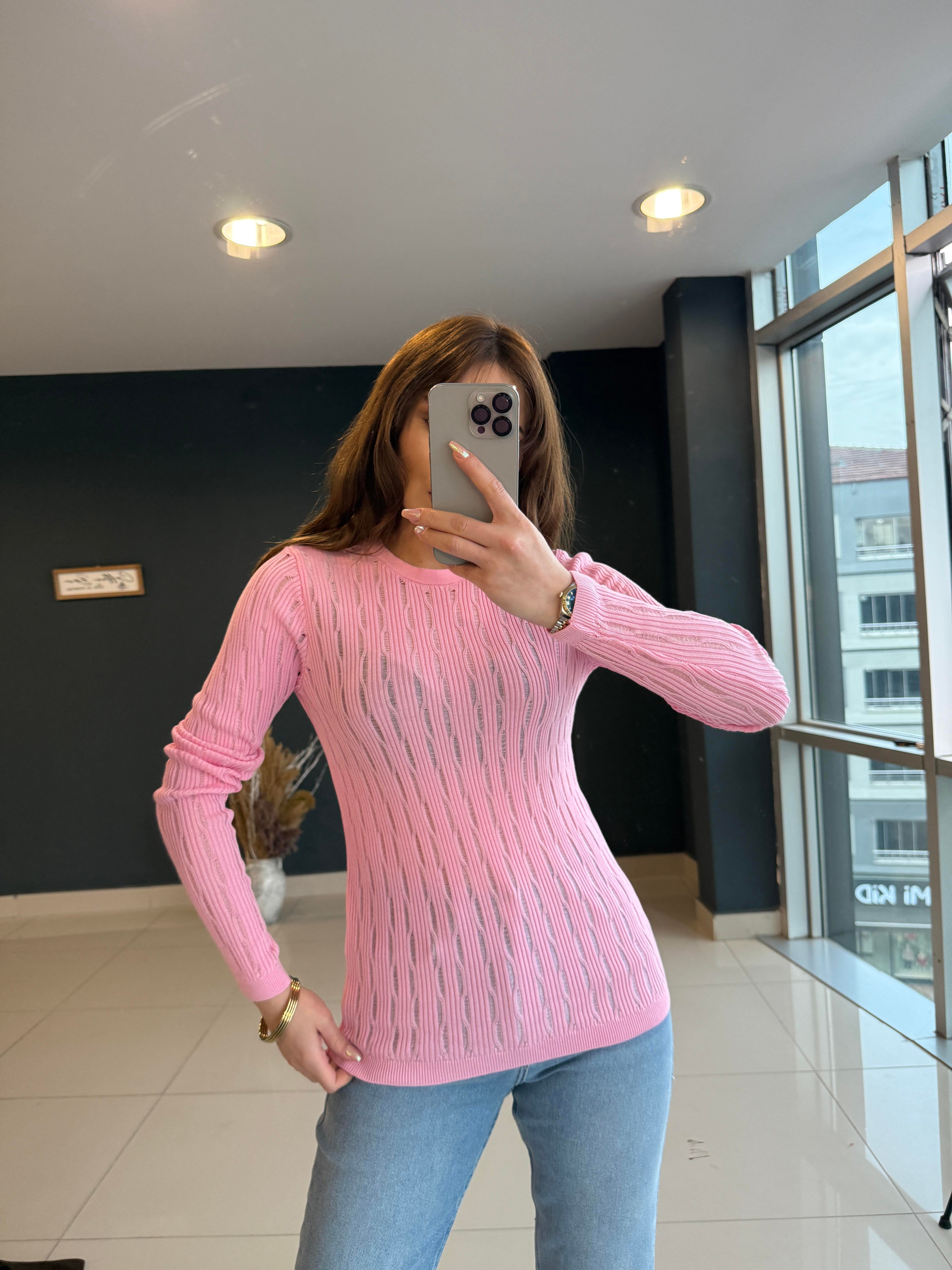 AJURLU MERSERİZE BLUZ PEMBE 
