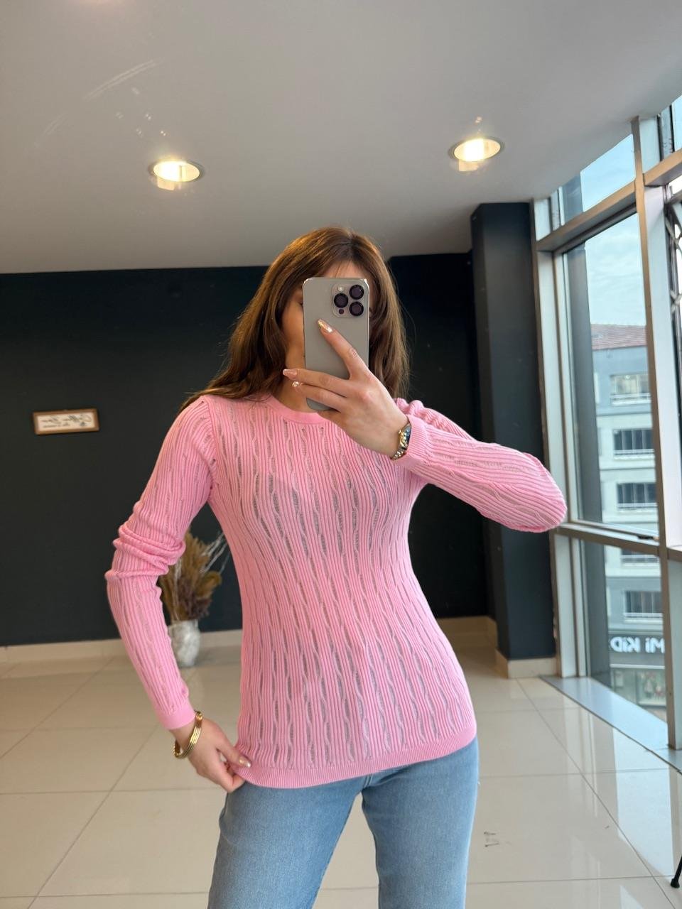 AJURLU MERSERİZE BLUZ PEMBE 