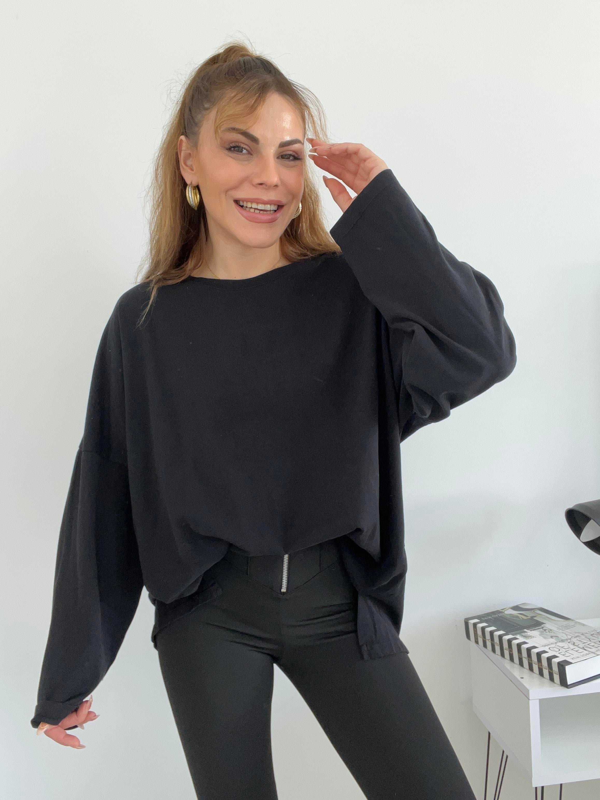 ARKASI PİLELİ OVERSİZE BASİC SİYAH