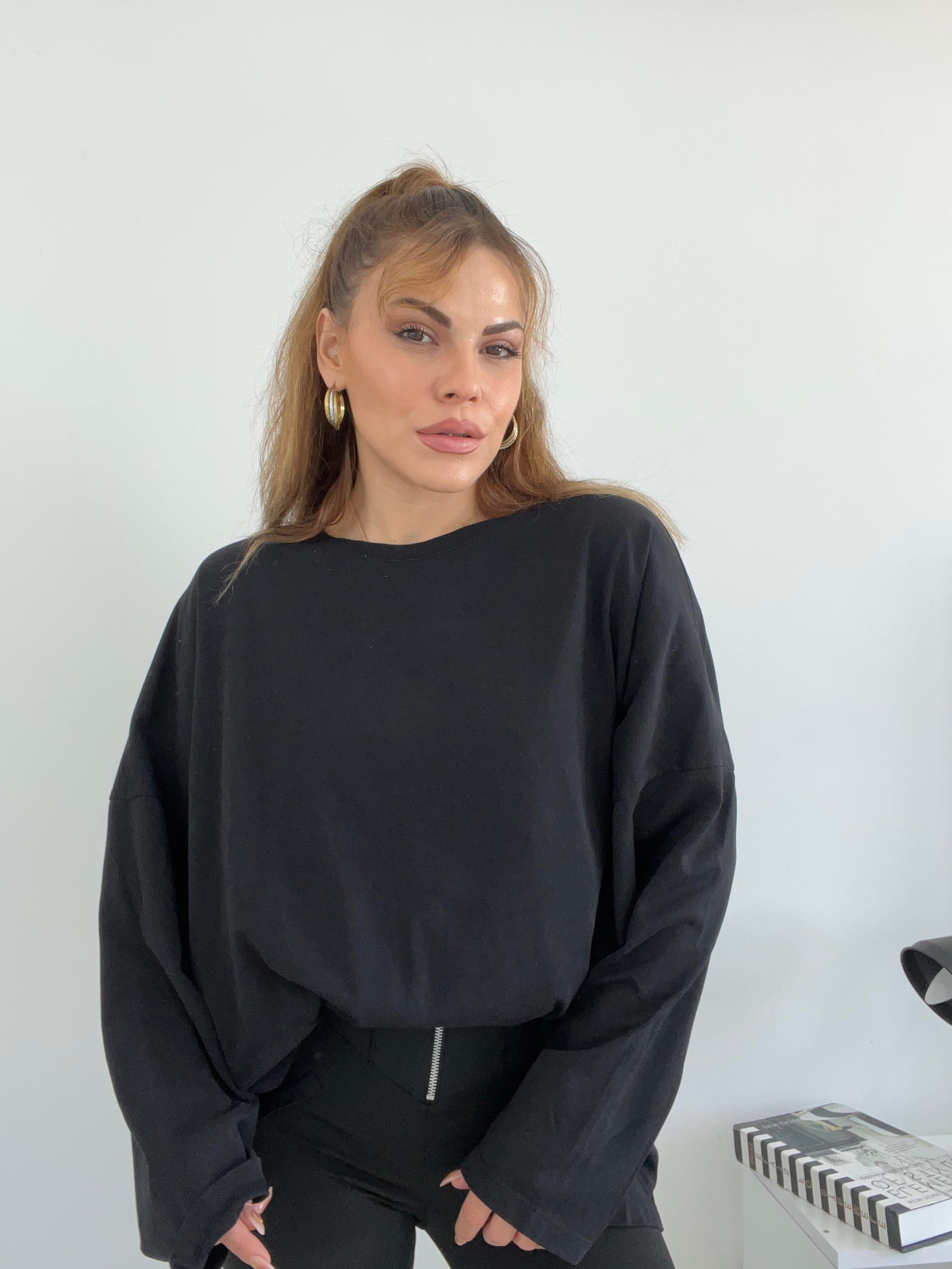 ARKASI PİLELİ OVERSİZE BASİC SİYAH