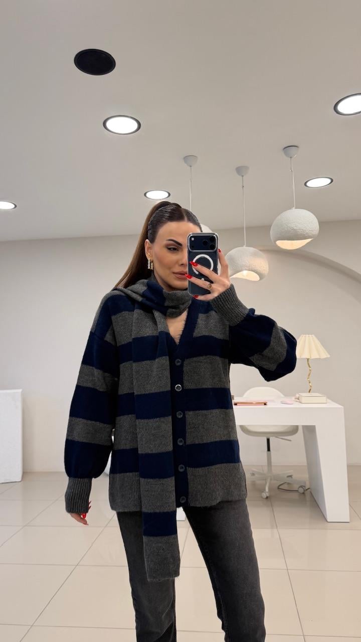 ATKI DETAYLI ÇİZGİLİ HIRKA LACİVERT 