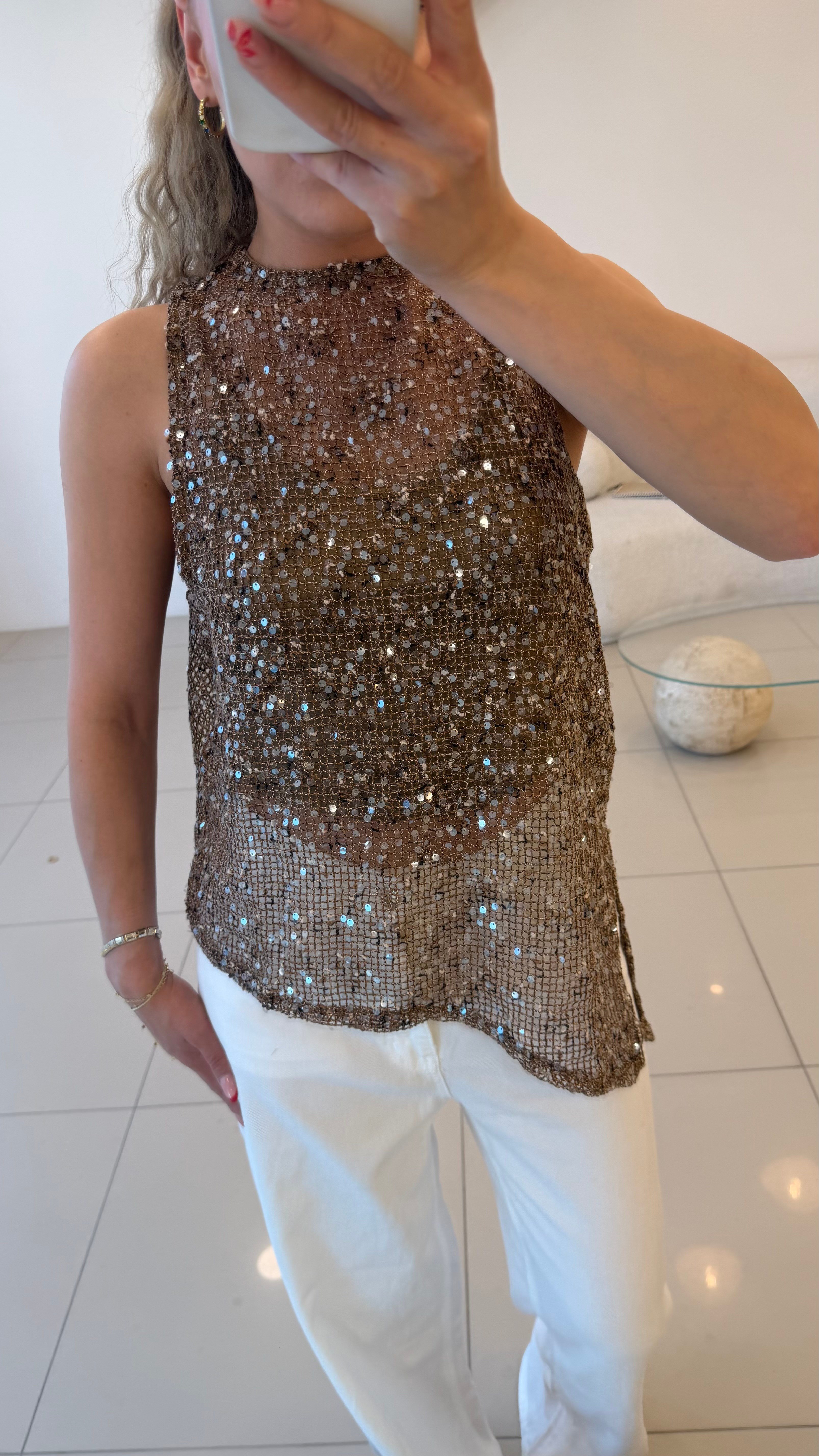 ATLETLİ PAYET DETAYLI BLUZ KAHVE