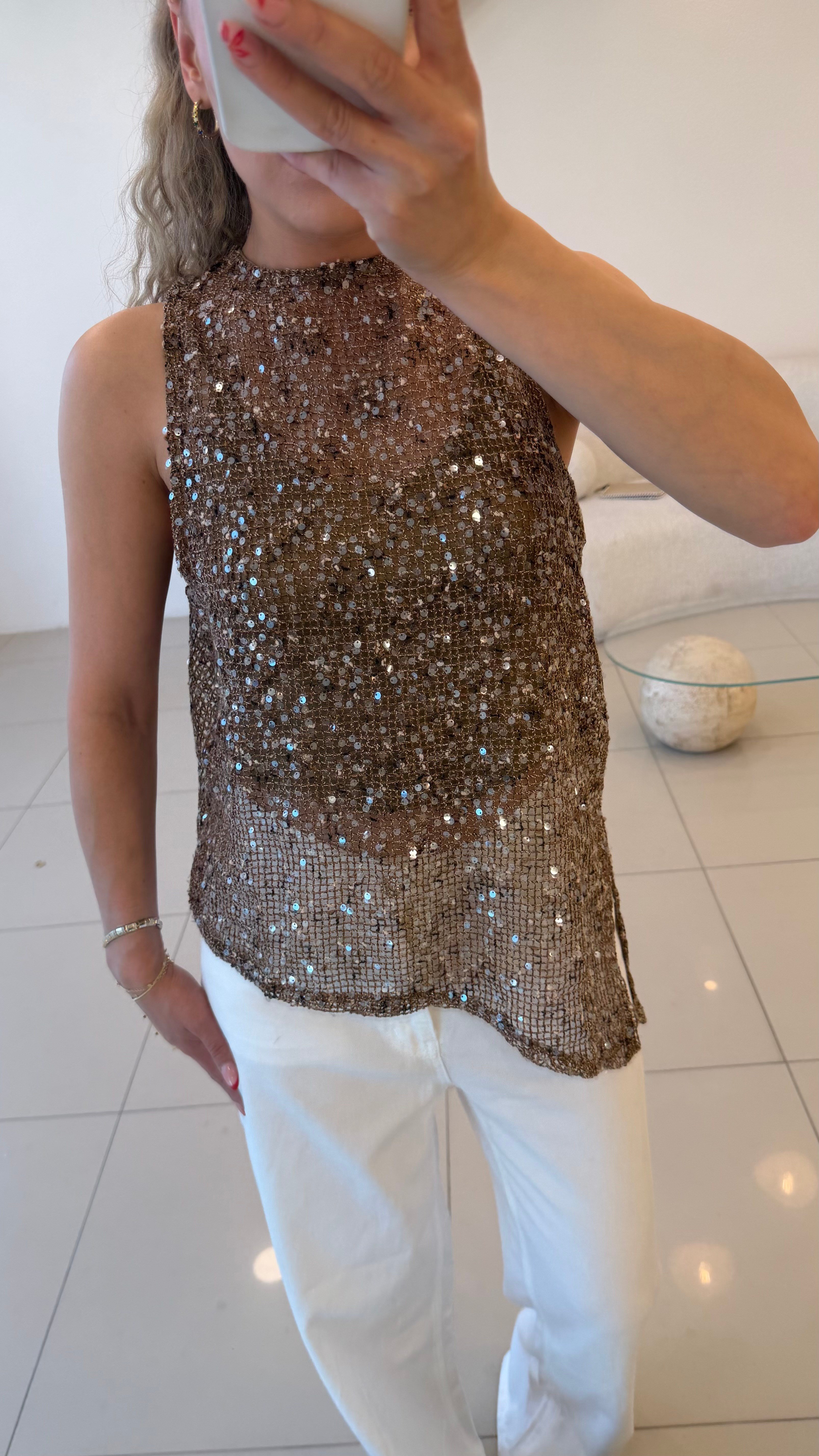 ATLETLİ PAYET DETAYLI BLUZ KAHVE