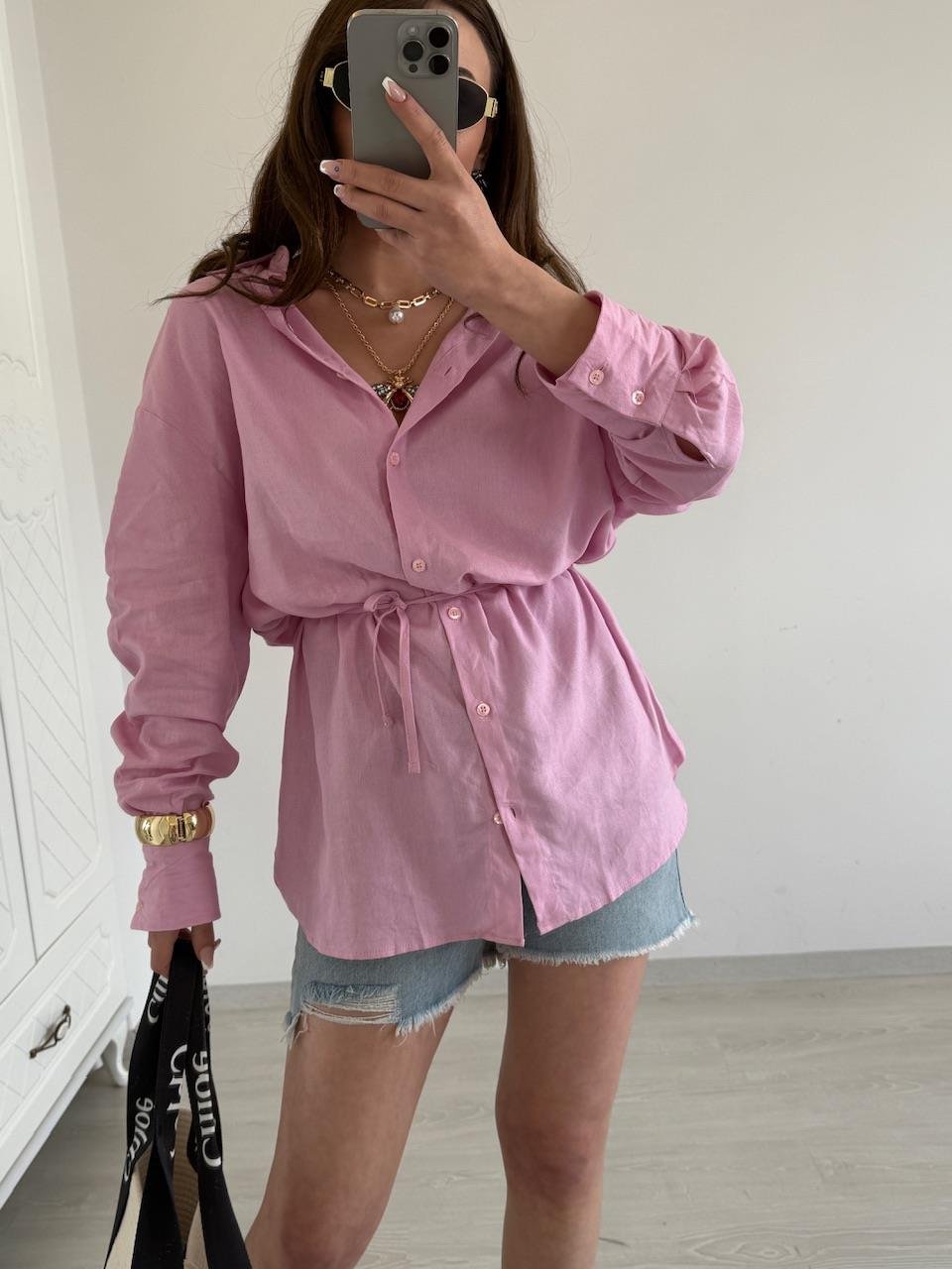 BAĞLAMALI %100 KETEN GÖMLEK PEMBE