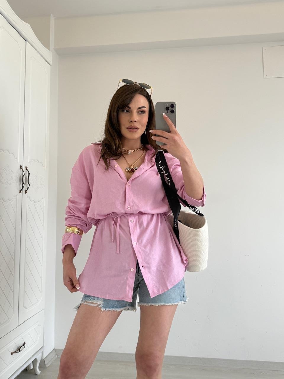 BAĞLAMALI %100 KETEN GÖMLEK PEMBE