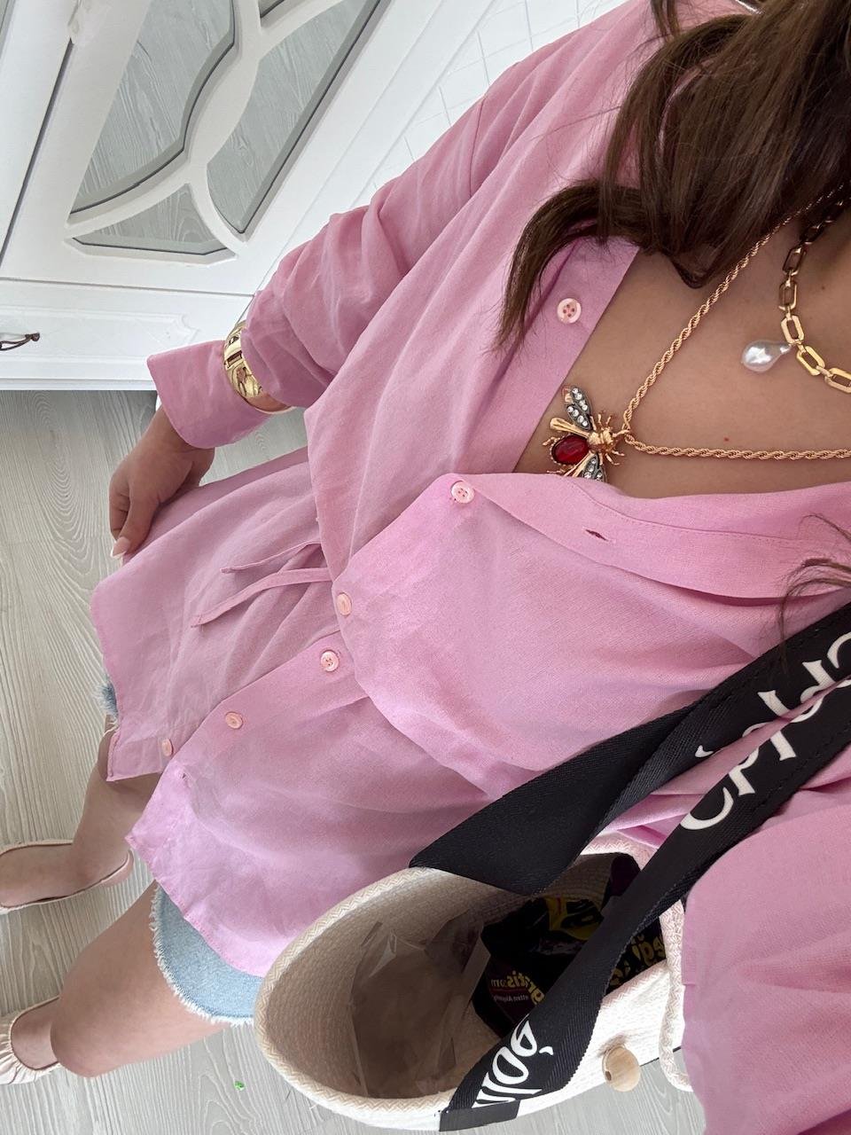 BAĞLAMALI %100 KETEN GÖMLEK PEMBE