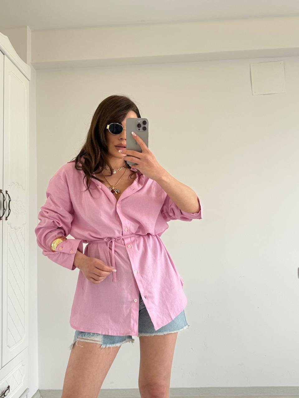 BAĞLAMALI %100 KETEN GÖMLEK PEMBE