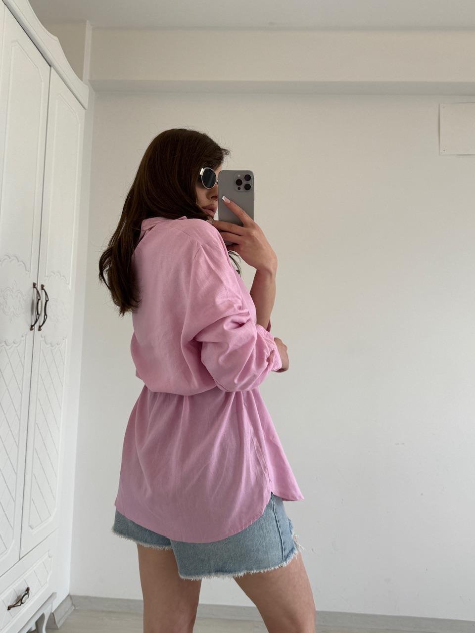 BAĞLAMALI %100 KETEN GÖMLEK PEMBE