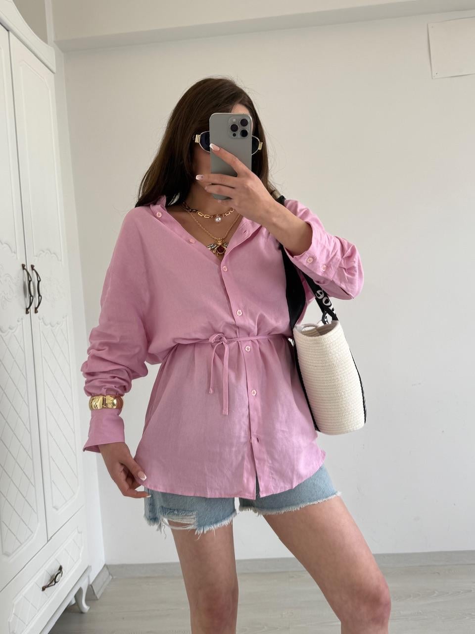 BAĞLAMALI %100 KETEN GÖMLEK PEMBE