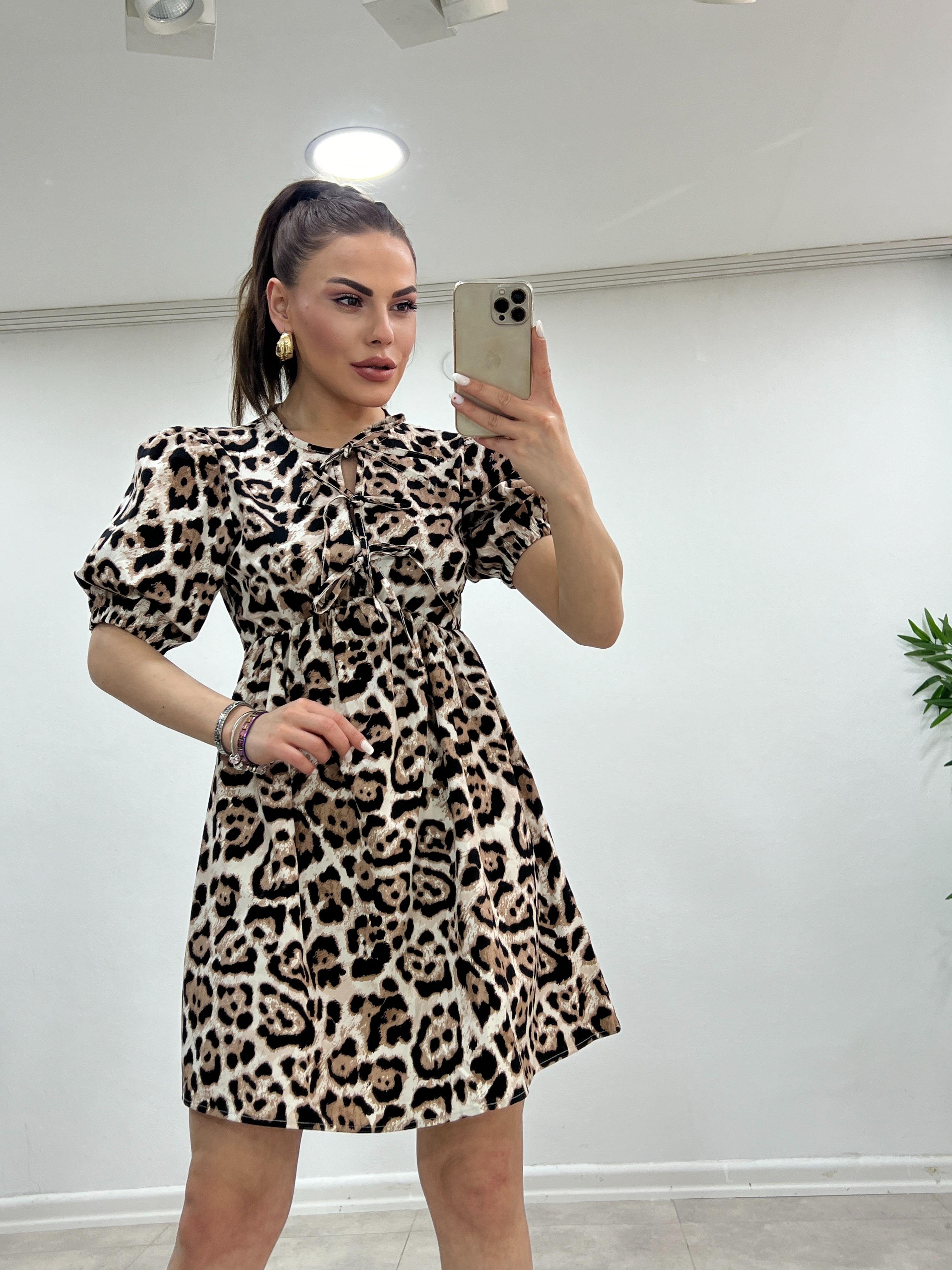 BAĞLAMALI LEOPAR ELBİSE 