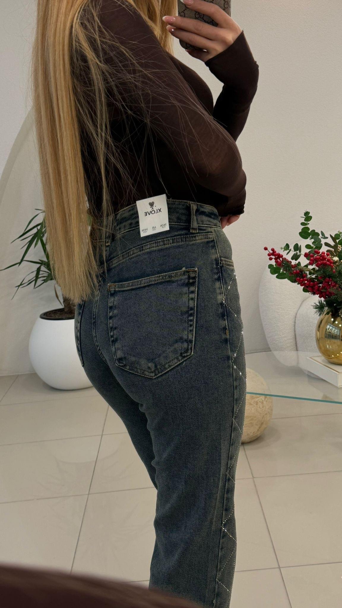 BAKLAVA DESENLİ TAŞLI JEAN TİNTLİ