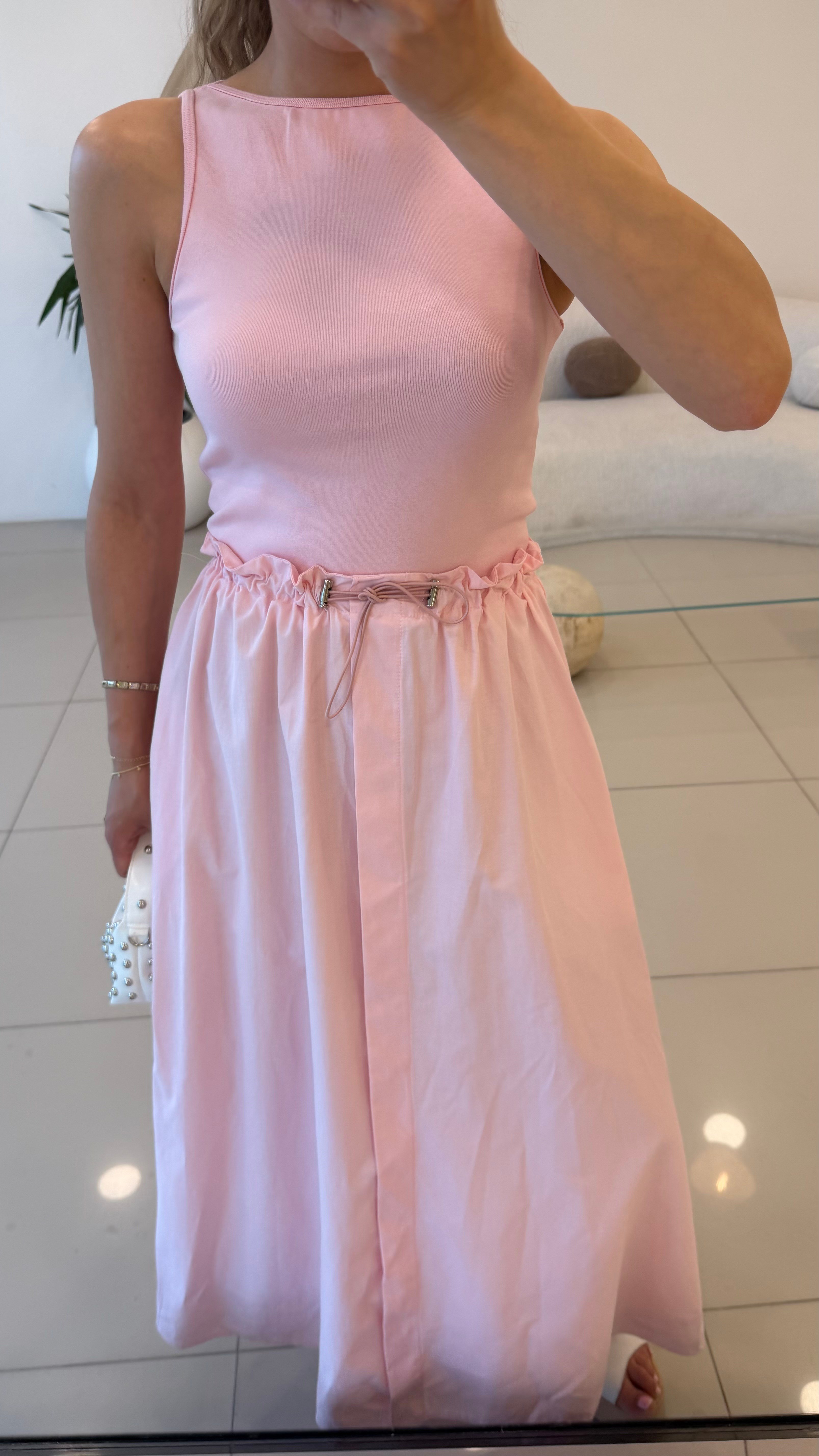 BEL BAĞLAMALI ALT POPLİN ELBİSE PEMBE