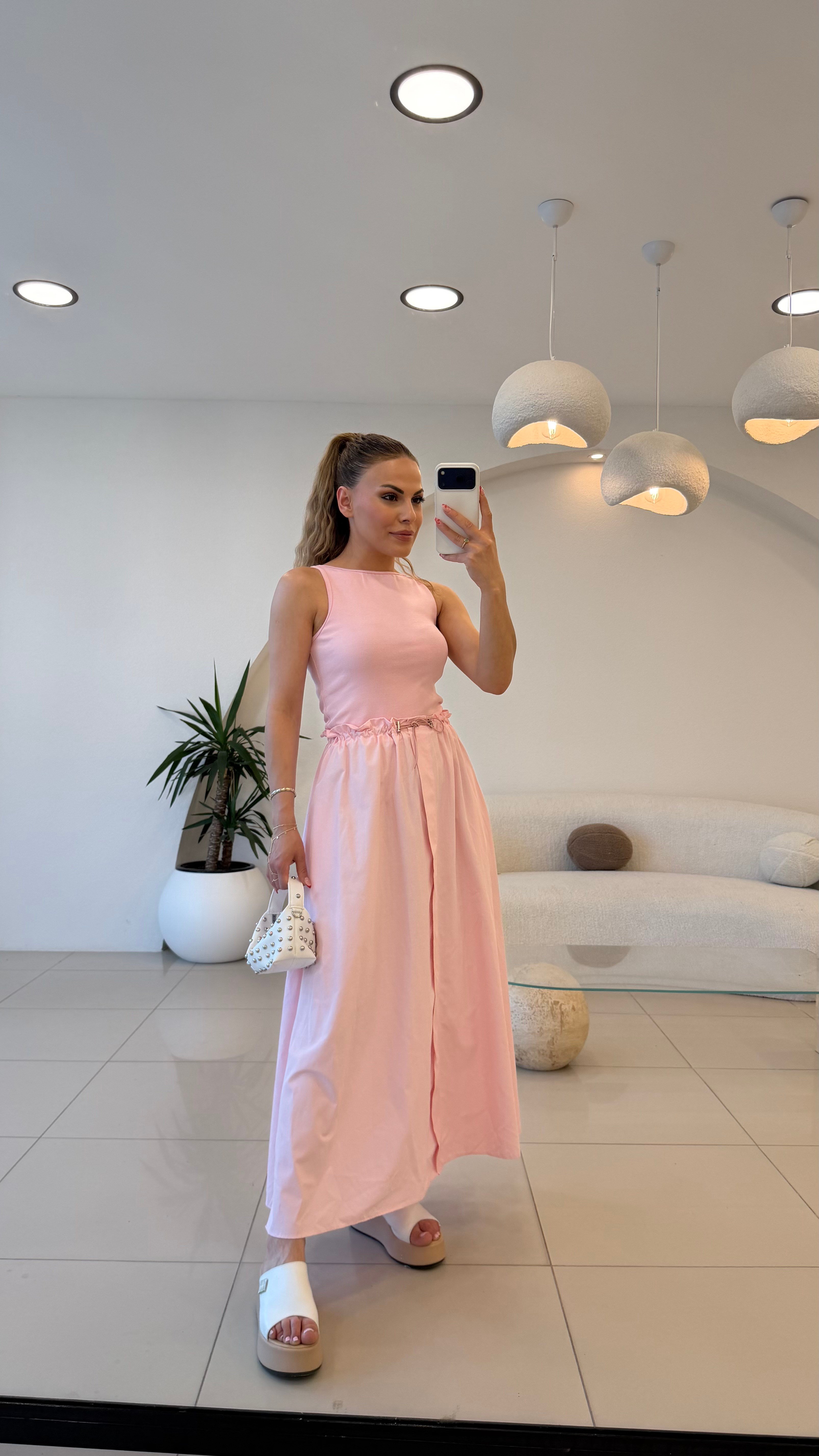 BEL BAĞLAMALI ALT POPLİN ELBİSE PEMBE