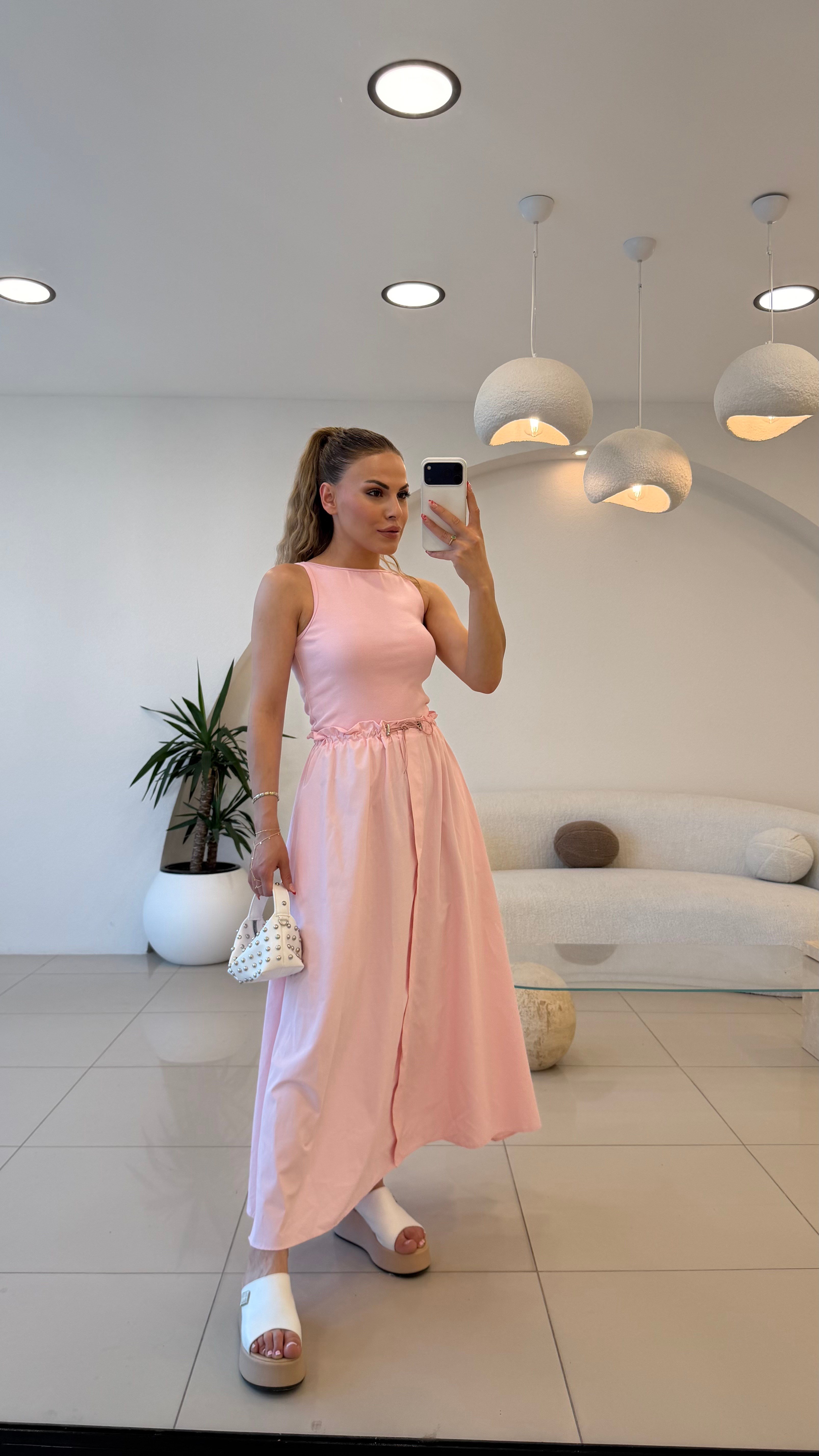 BEL BAĞLAMALI ALT POPLİN ELBİSE PEMBE