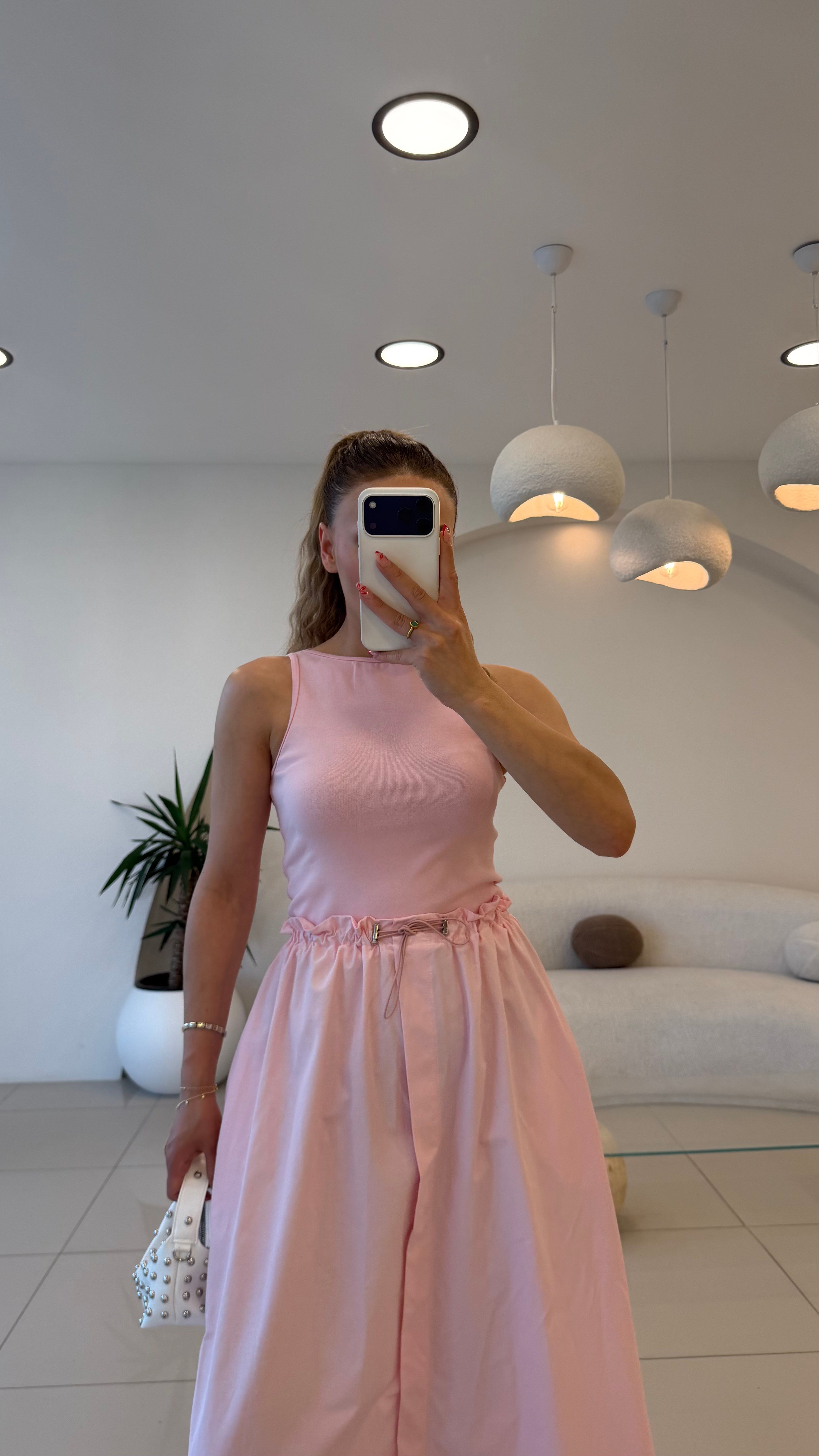 BEL BAĞLAMALI ALT POPLİN ELBİSE PEMBE