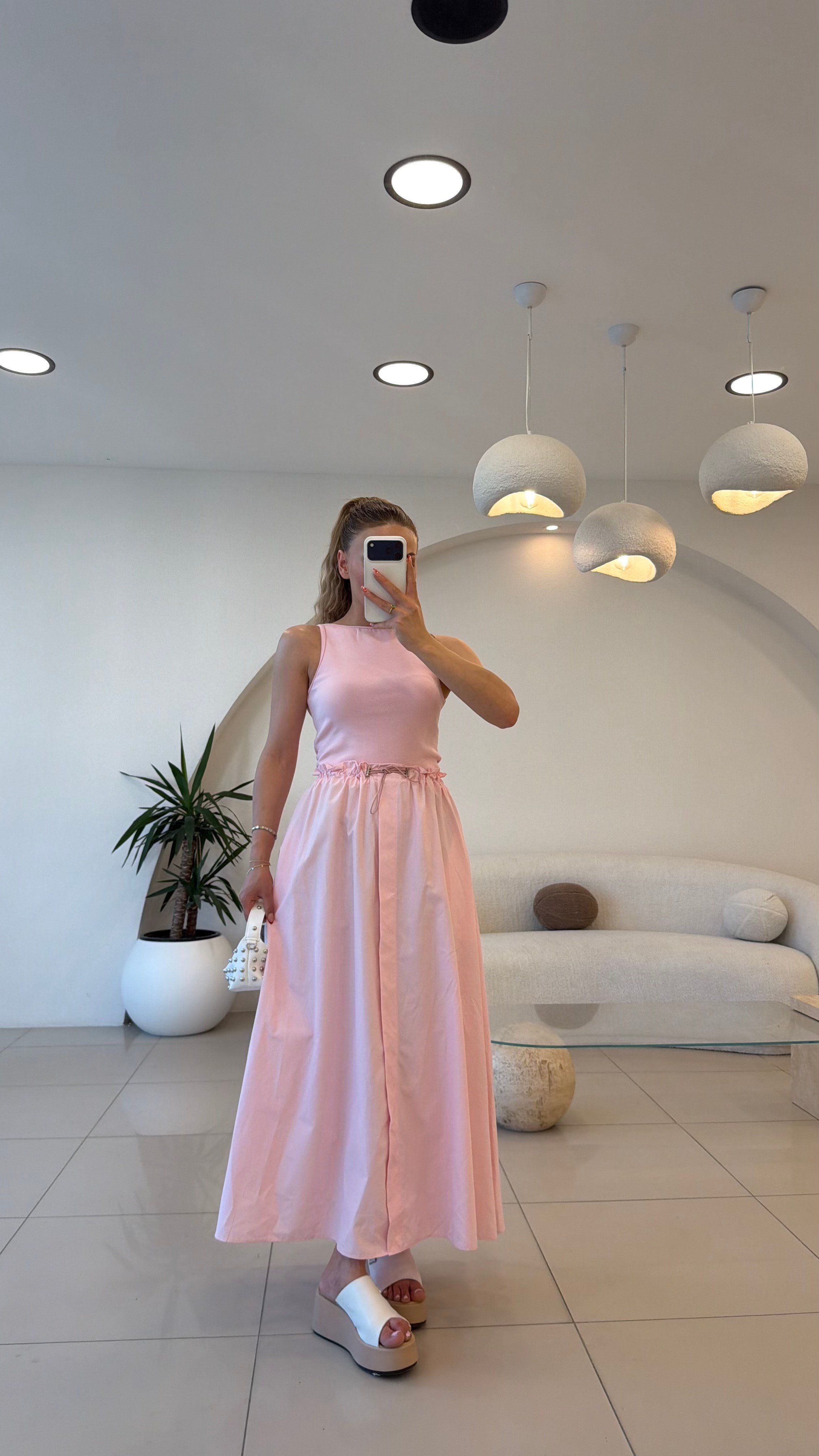 BEL BAĞLAMALI ALT POPLİN ELBİSE PEMBE