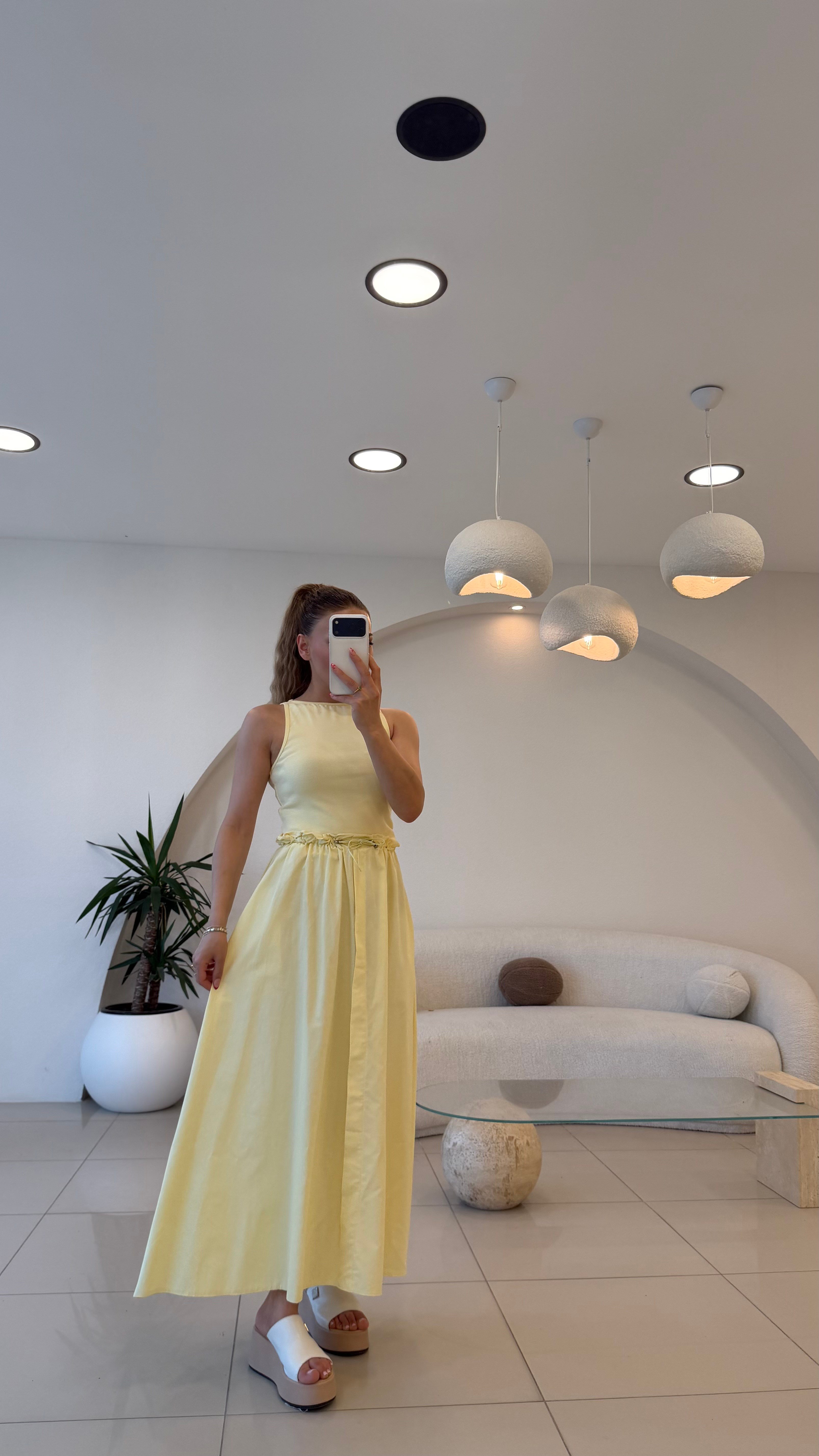 BEL BAĞLAMALI ALT POPLİN ELBİSE SARI