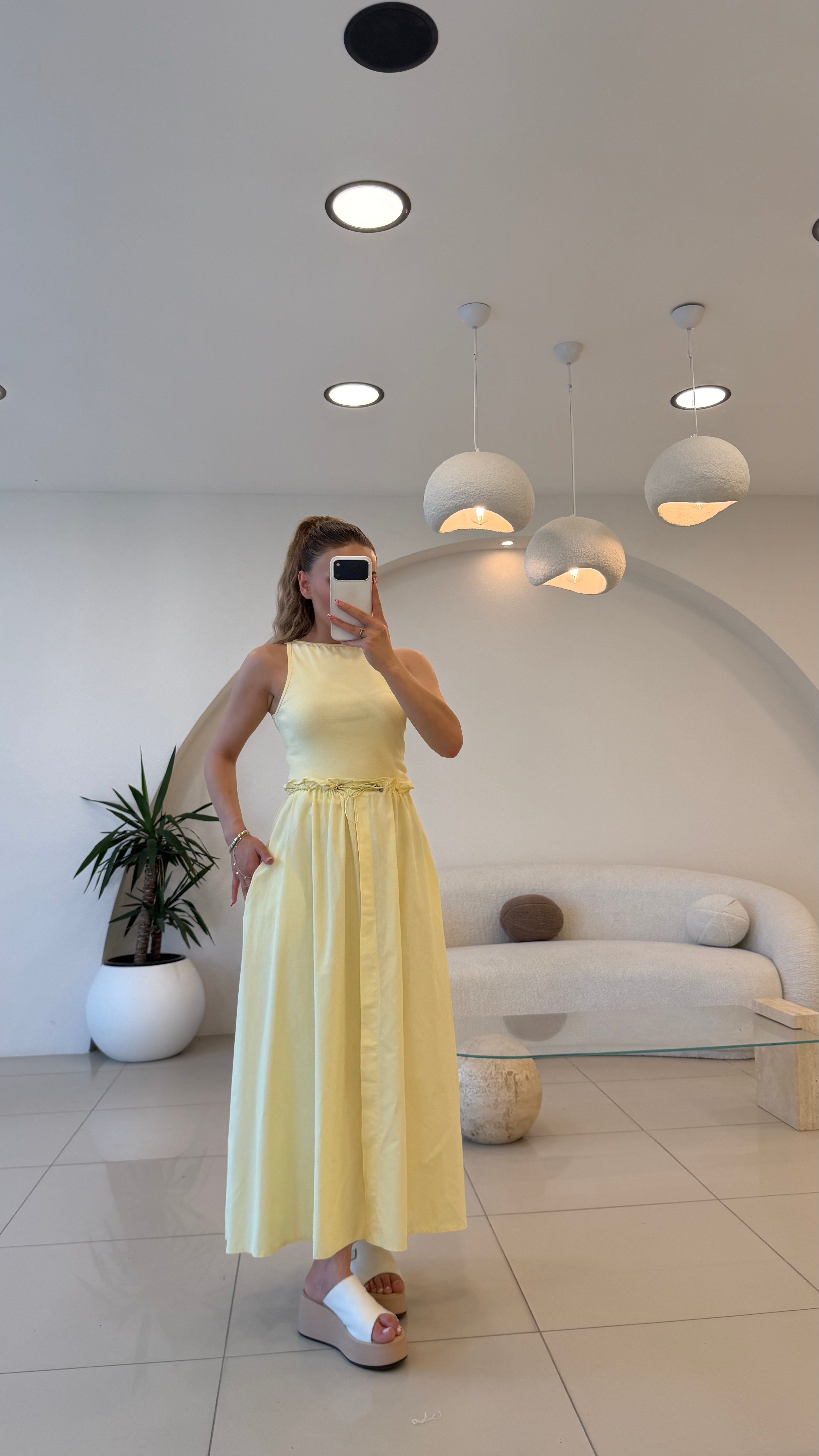 BEL BAĞLAMALI ALT POPLİN ELBİSE SARI