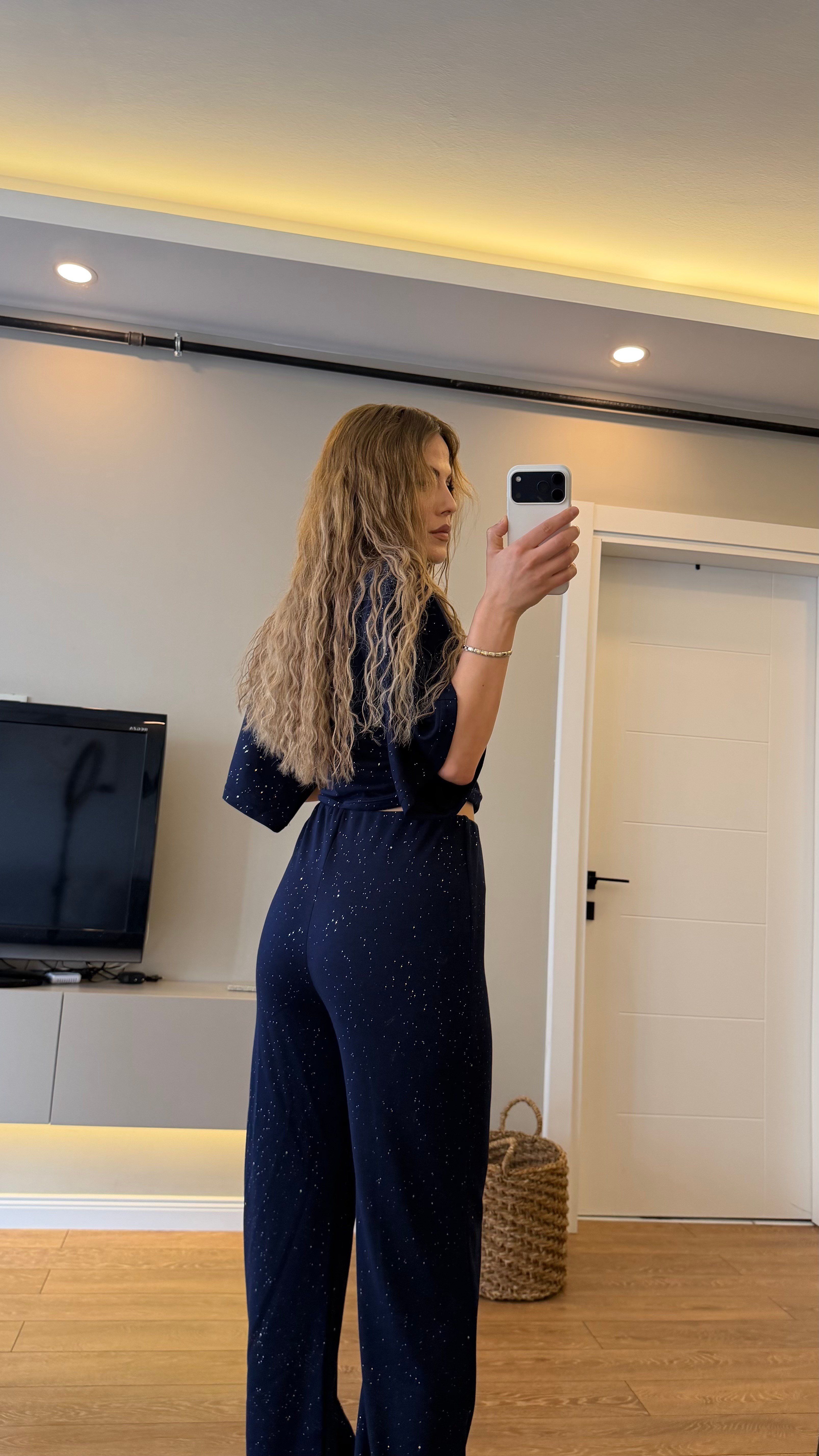 BEL BÜZGÜLÜ SİMLİ İKİLİ MODAL TAKIM LACİVERT