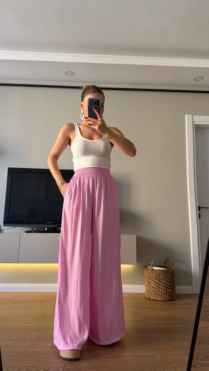 Bel Lastikli Saten Pantolon Pembe 