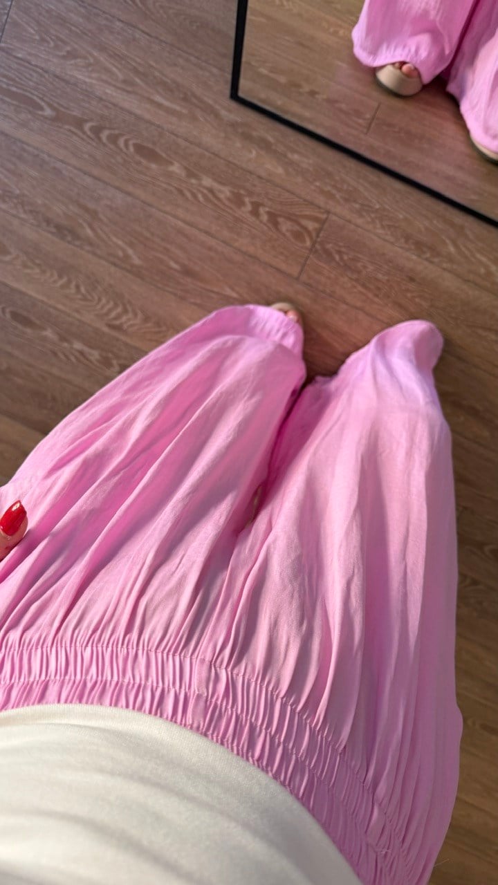 Bel Lastikli Saten Pantolon Pembe 