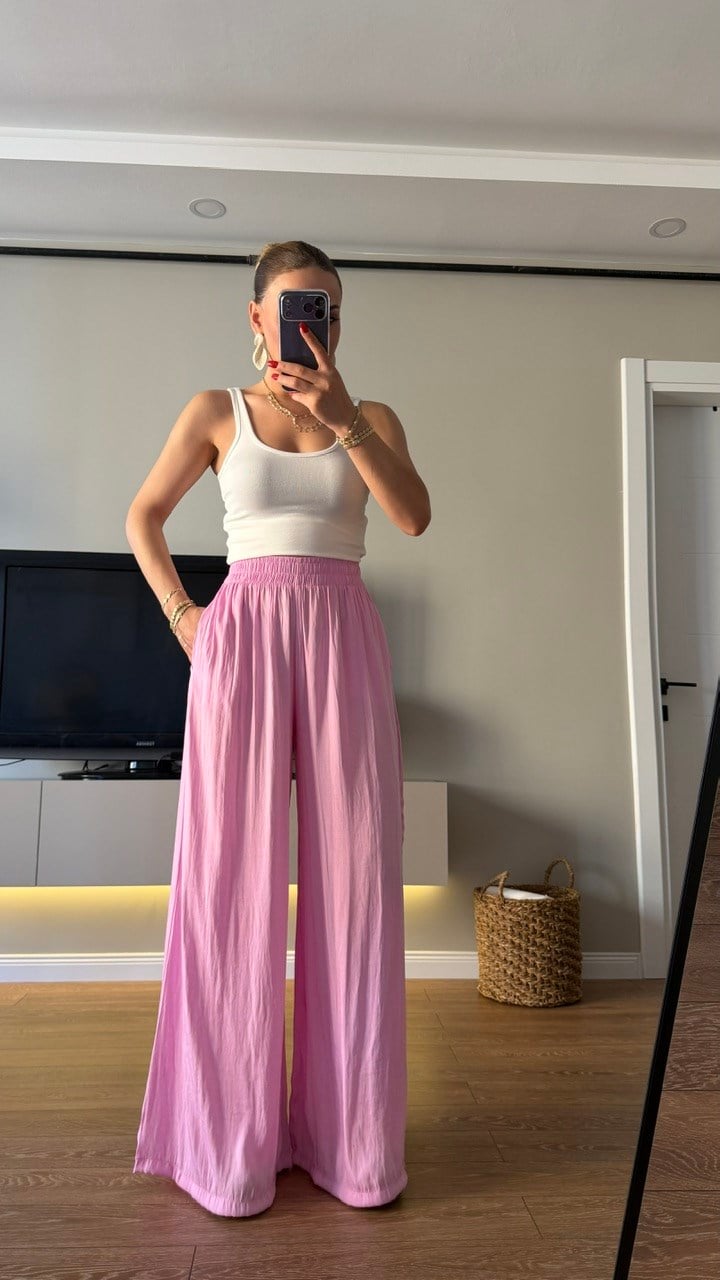 Bel Lastikli Saten Pantolon Pembe 