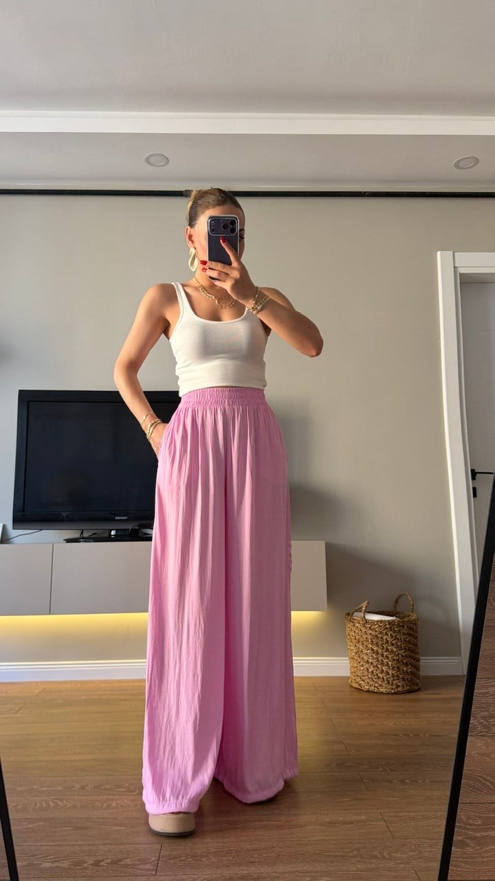 Bel Lastikli Saten Pantolon Pembe 